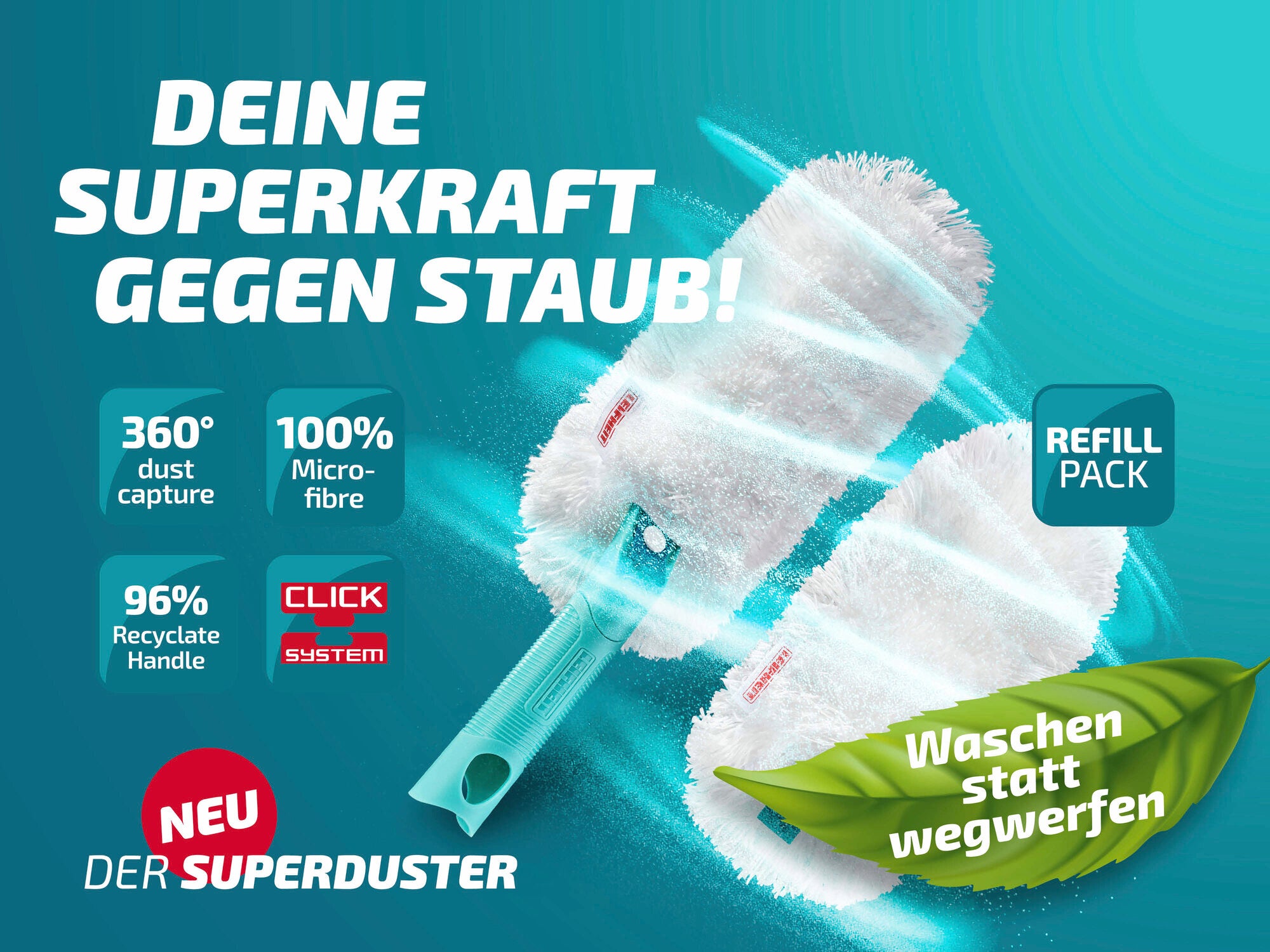 Der Leifheit Superduster ist ein Staubwischer mit 360-Grad-Staubaufnahme und 100% Mikrofaser. Er verfügt über einen 96% recycelten Griff und ist Teil des Click-Systems.