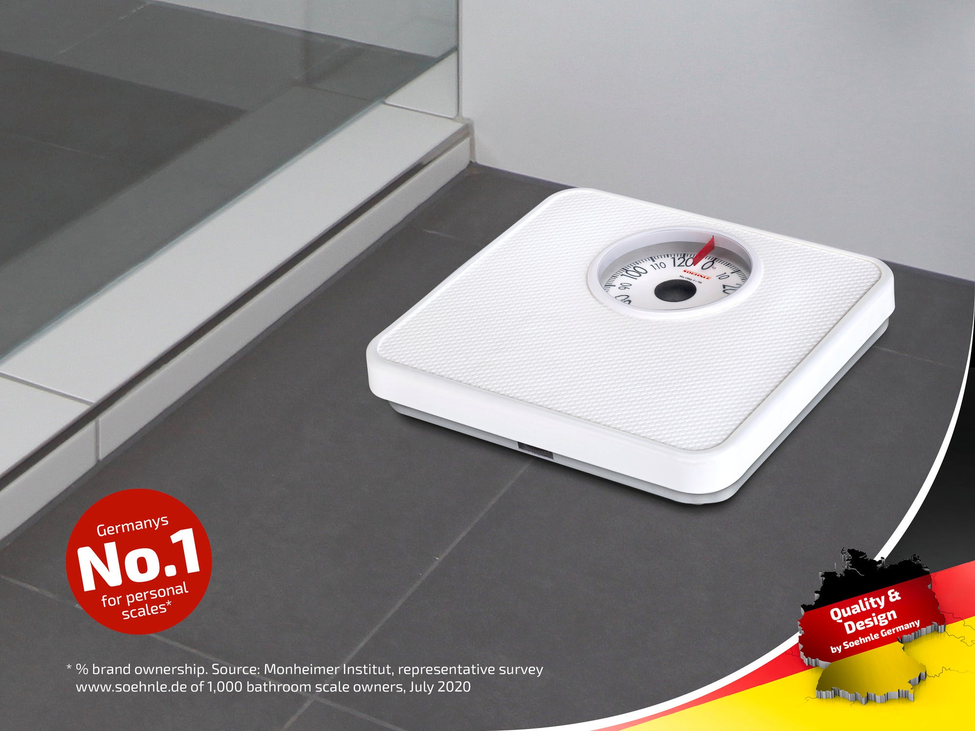 A white Soehnle bathroom scale on a dark background. The scale has an analogue dial. A red seal indicates that it is Germany's No. 1.