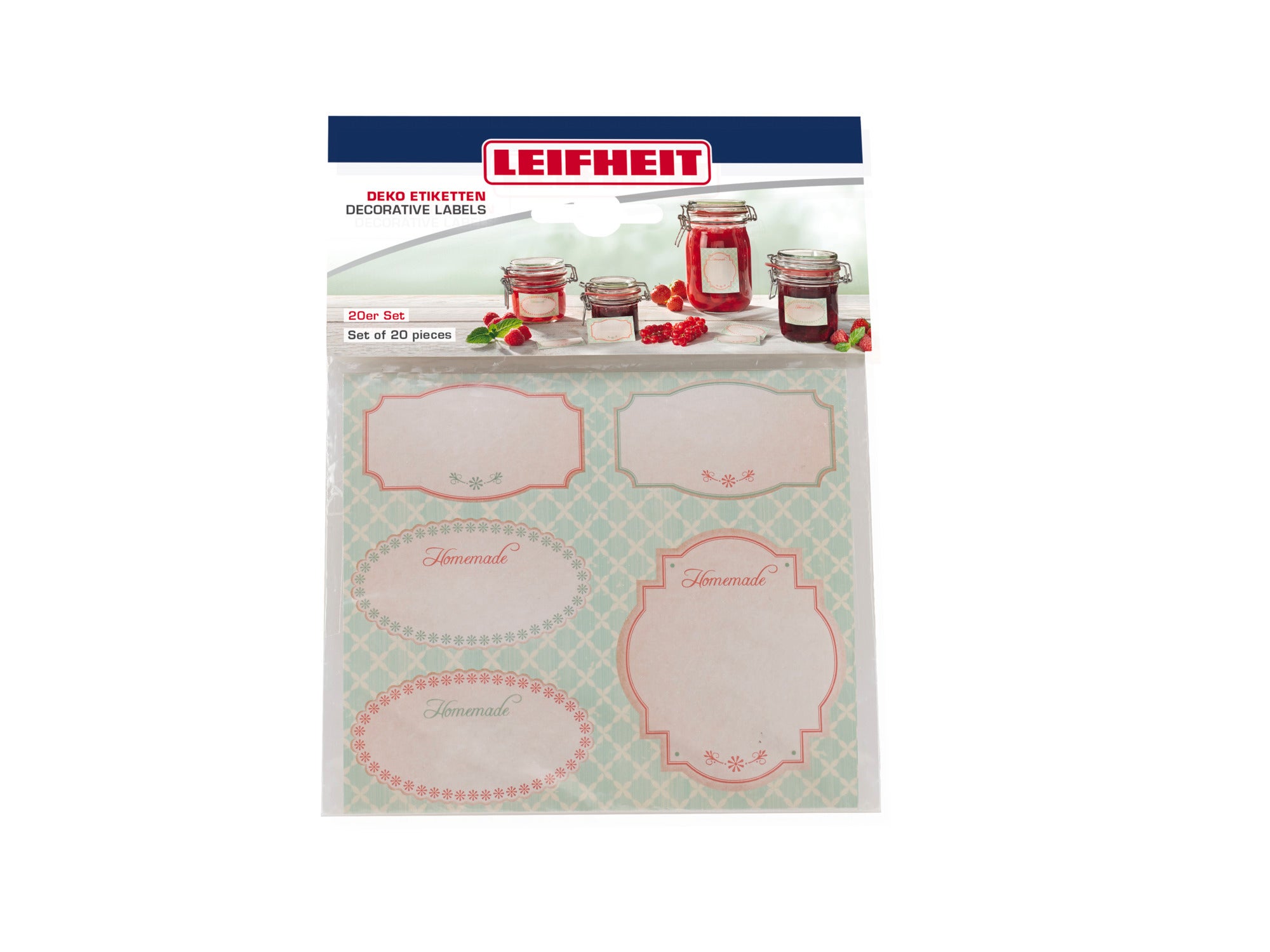 Dekorative Etiketten von Leifheit in Pastellfarben, ideal zum Beschriften von Einmachgläsern. Das Set enthält verschiedene Formen und Designs für eine individuelle Gestaltung.