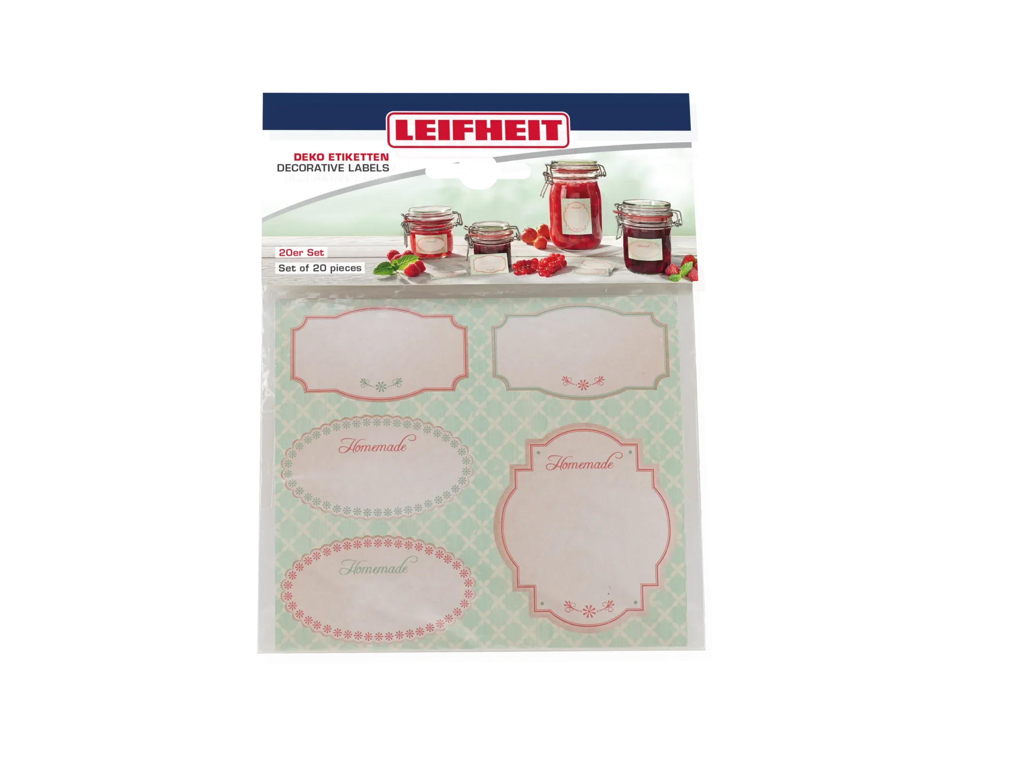 Decoratieve etiketten van Leifheit in pastelkleuren, ideaal voor het etiketteren van inmaakpotten. De set bevat verschillende vormen en ontwerpen voor decoratie op maat.