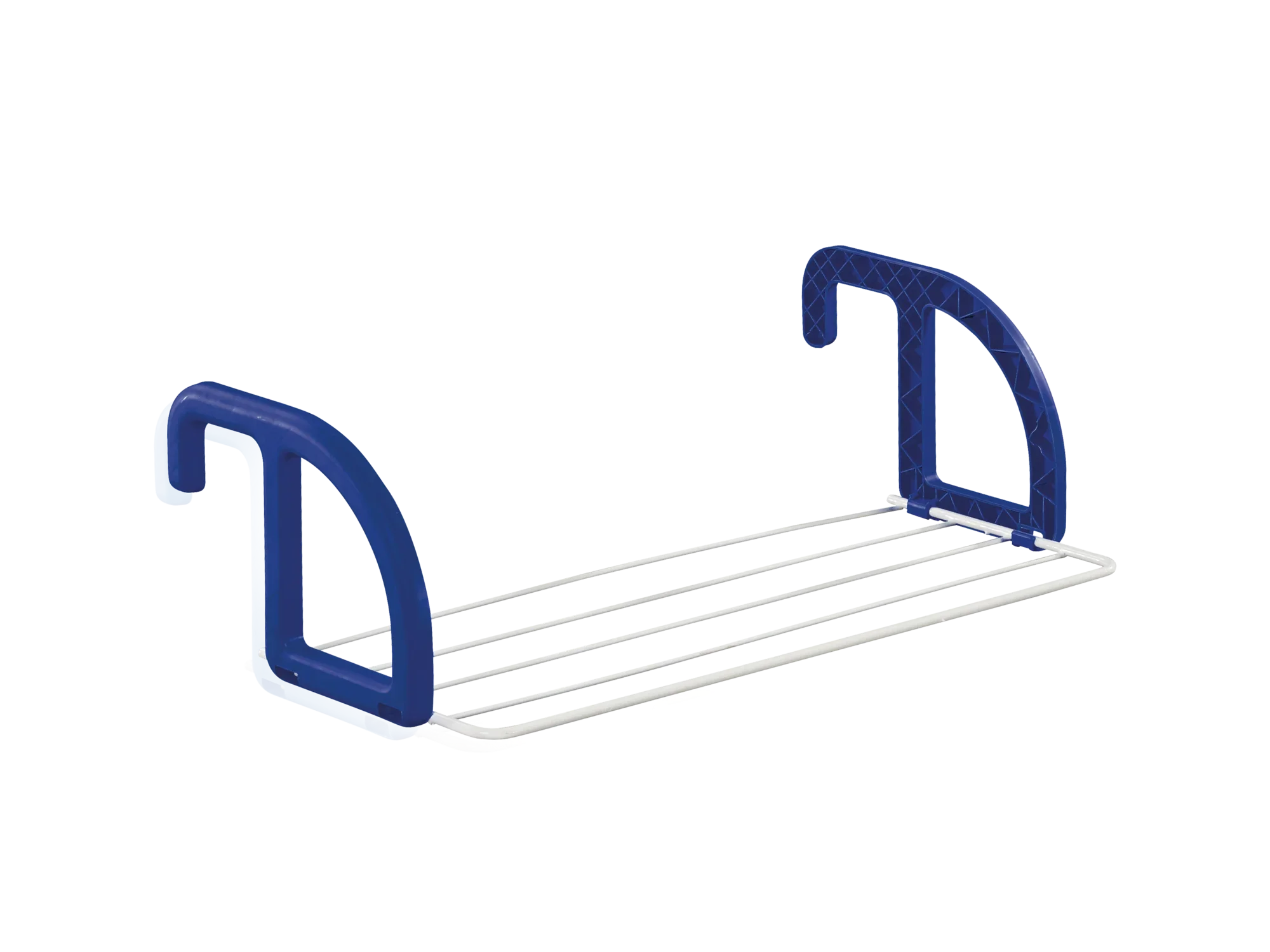 Hangende droger met blauwe haken en wit frame. Ideaal voor het drogen van kleding in kleine ruimtes. Praktisch voor balkons of badkamers.