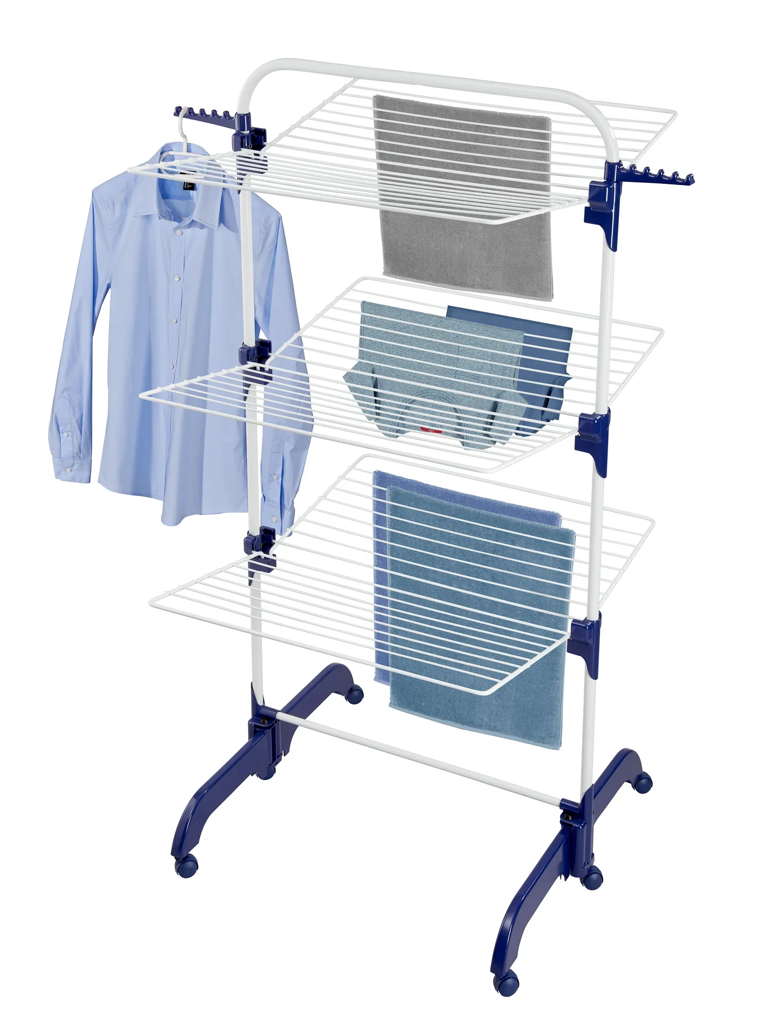 Séchoir à tour Comfort Tower 420 : un séchoir à linge blanc à plusieurs niveaux avec des accents bleus, sur lequel des vêtements et des serviettes sont suspendus pour sécher. Idéal pour les petites pièces.