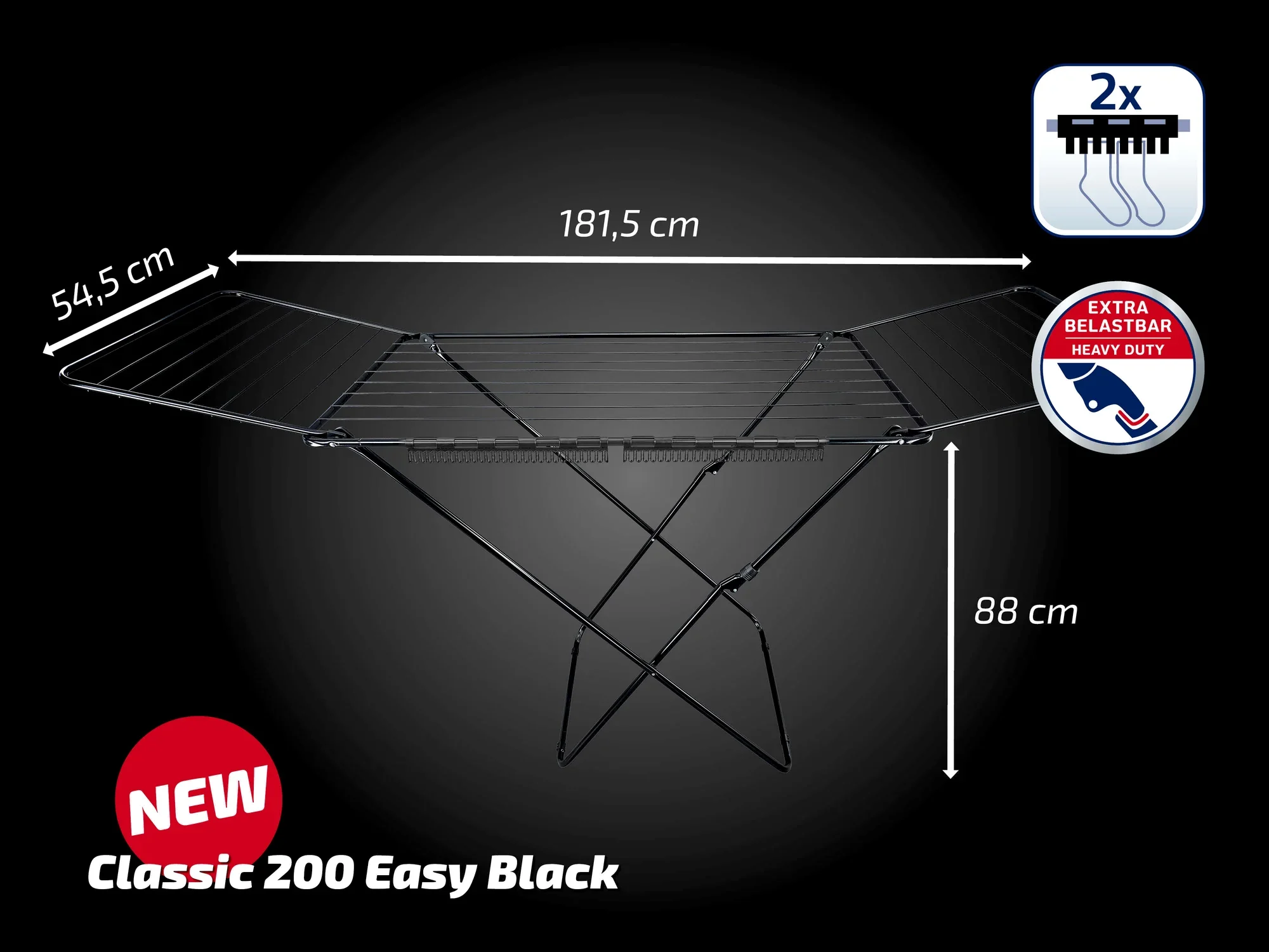 Standtrockner Classic 200 Easy Black von Leifheit in schwarzer Ausführung. Maße: 181,5 cm Länge, 54,5 cm Breite, 88 cm Höhe. Robuste Konstruktion mit extra belastbaren Leinen. Ideal für große Wäschemengen.