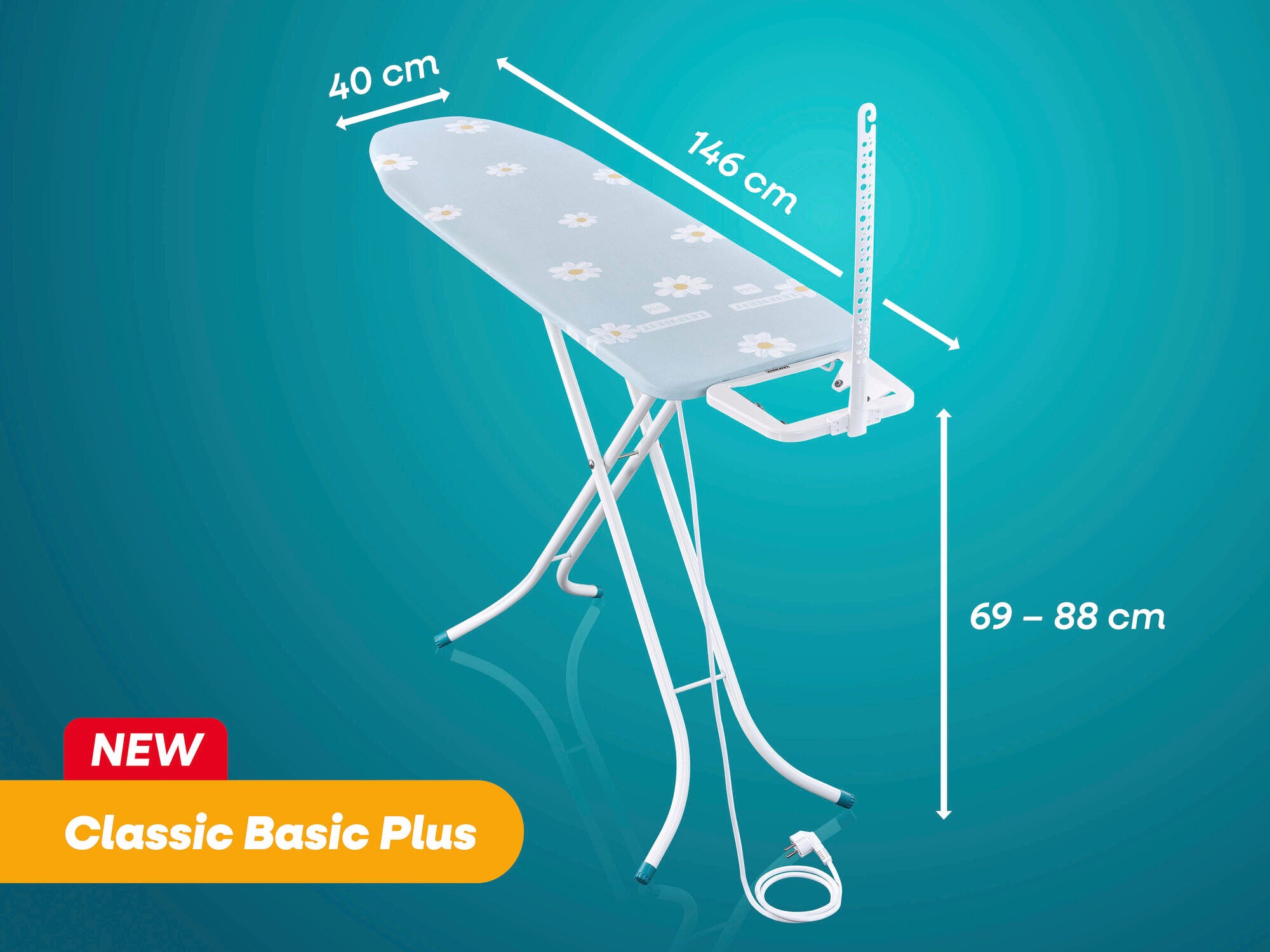 Bügeltisch Classic Basic Plus von Leifheit mit einer Bügelfläche von 40 x 146 cm. Höhenverstellbar von 69 bis 88 cm. Stabiler Stand durch robuste Beine. Ideal für komfortables Bügeln.