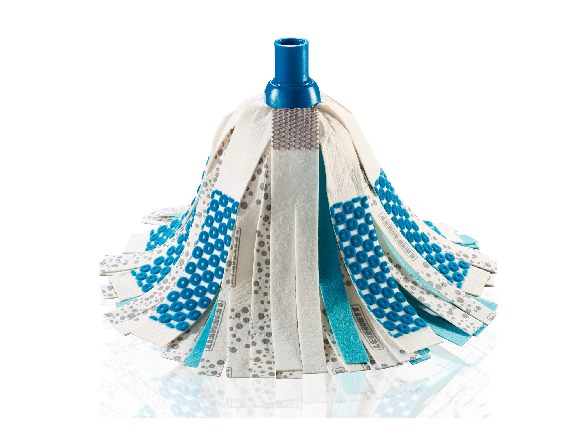 Ersatzkopf für Power Mop 3in1 mit blauen und weißen Streifen, ideal für gründliche Reinigung. Der Kopf ist aus saugfähigem Material gefertigt und leicht austauschbar.