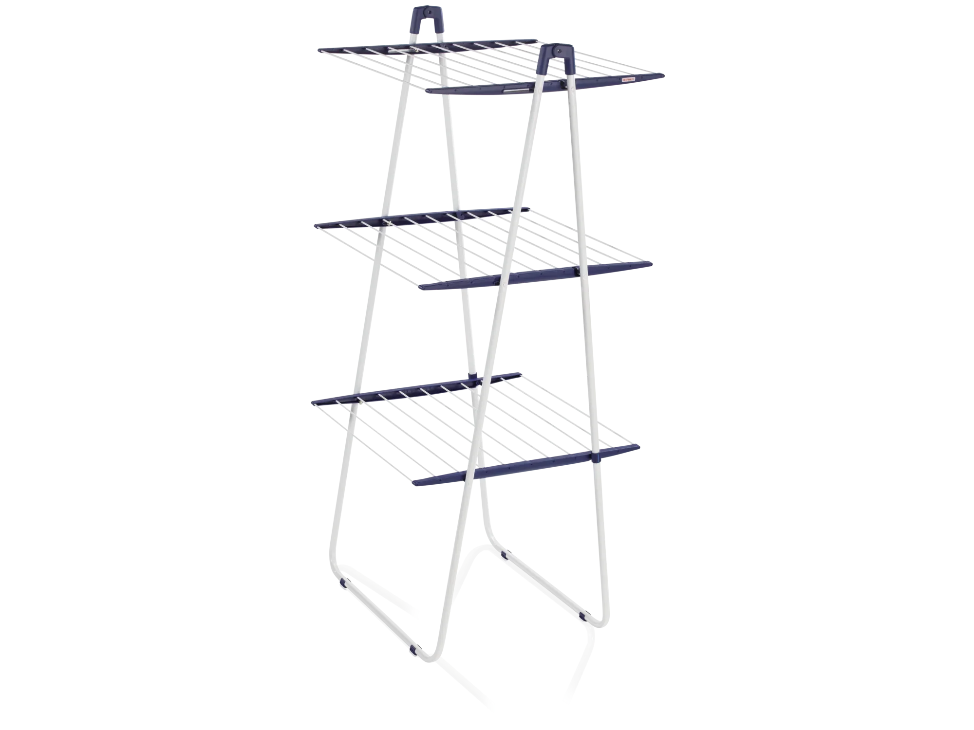 Séchoir à tour Pegasus Tower 190 : un séchoir à linge à trois étages avec un cadre métallique robuste et des accents bleus. Idéal pour sécher les vêtements dans les petites pièces.