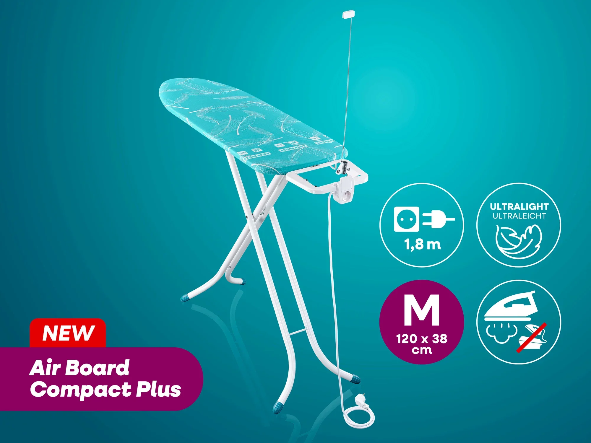 Bügeltisch Air Board Compact Plus von Leifheit in der Größe M, 120 x 38 cm. Leichtes Design mit ultraleichter Oberfläche und 1,8 m Kabel. Ideal für effizientes Bügeln.