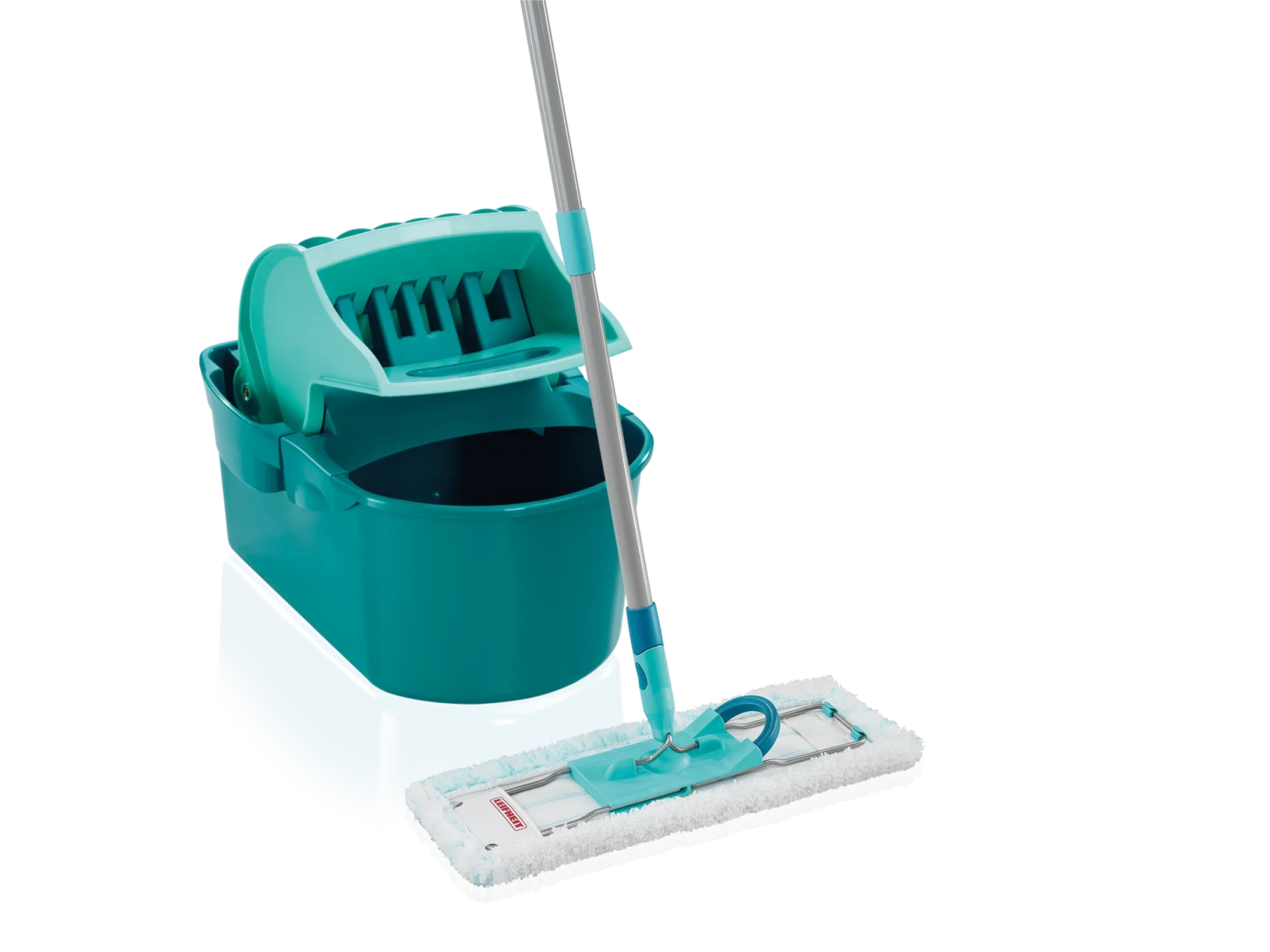Een set bestaande uit een zuigmond en een mop. De mop-pers is compact en wordt geleverd in een levendige turquoise kleur. Ideaal voor een efficiënte vloerreiniging.
