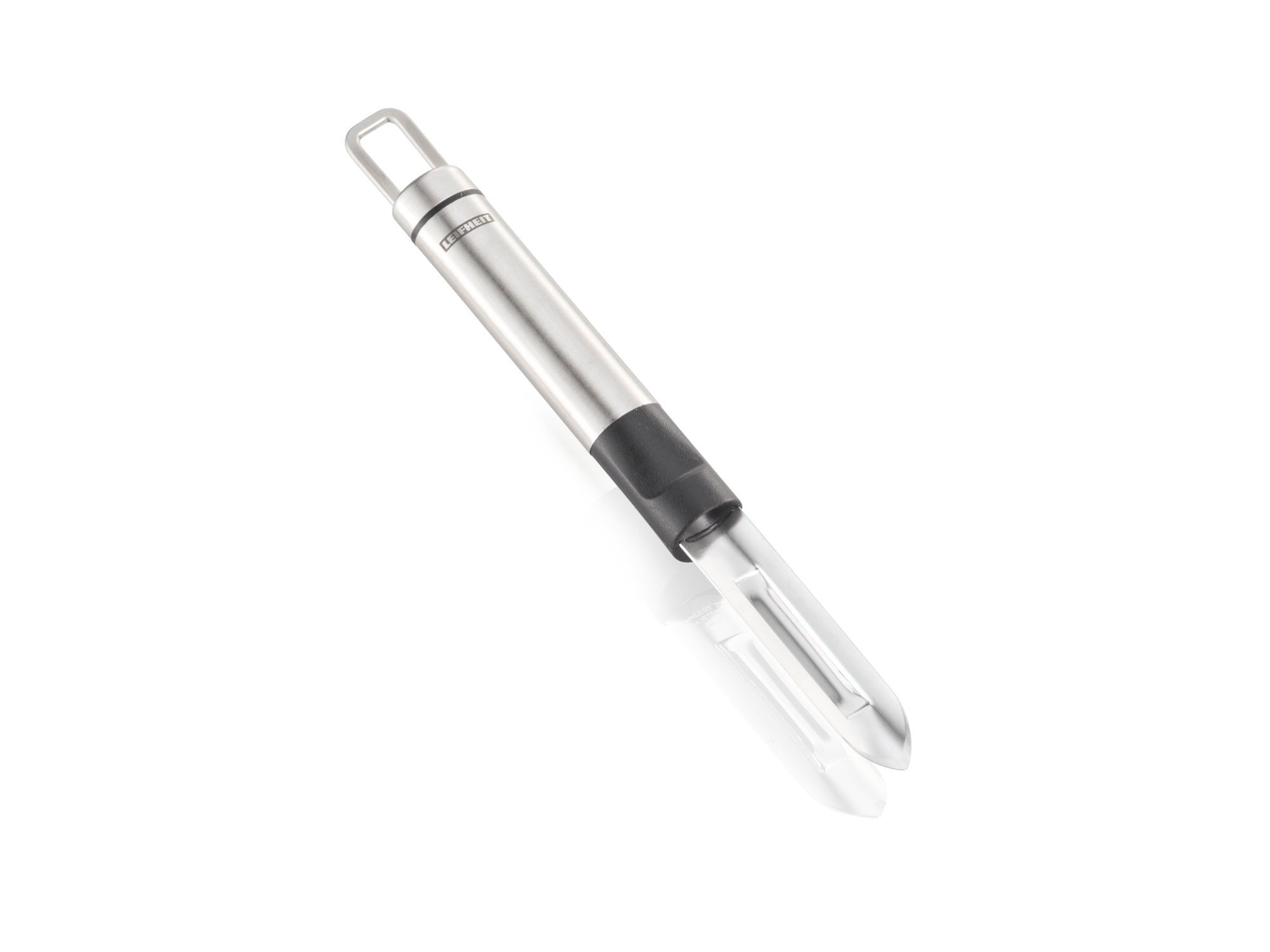 Stainless steel potato peeler with ergonomic handle. Ideal for easy and quick peeling of potatoes and other vegetables. High-quality workmanship for long-lasting use.