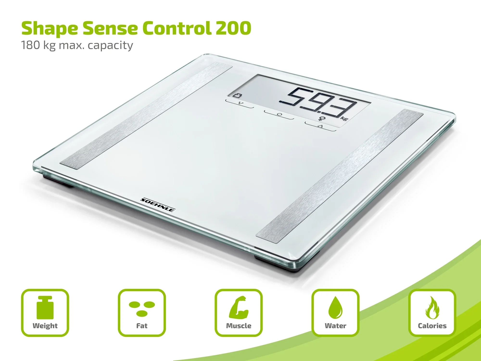 Jedna z cyfrowych wag łazienkowych, Shape Sense Control 200, wyświetla wagę 59,3 kg. Ma maksymalny udźwig 180 kg i mierzy wagę, tłuszcz, masę mięśniową, wodę i kalorie.