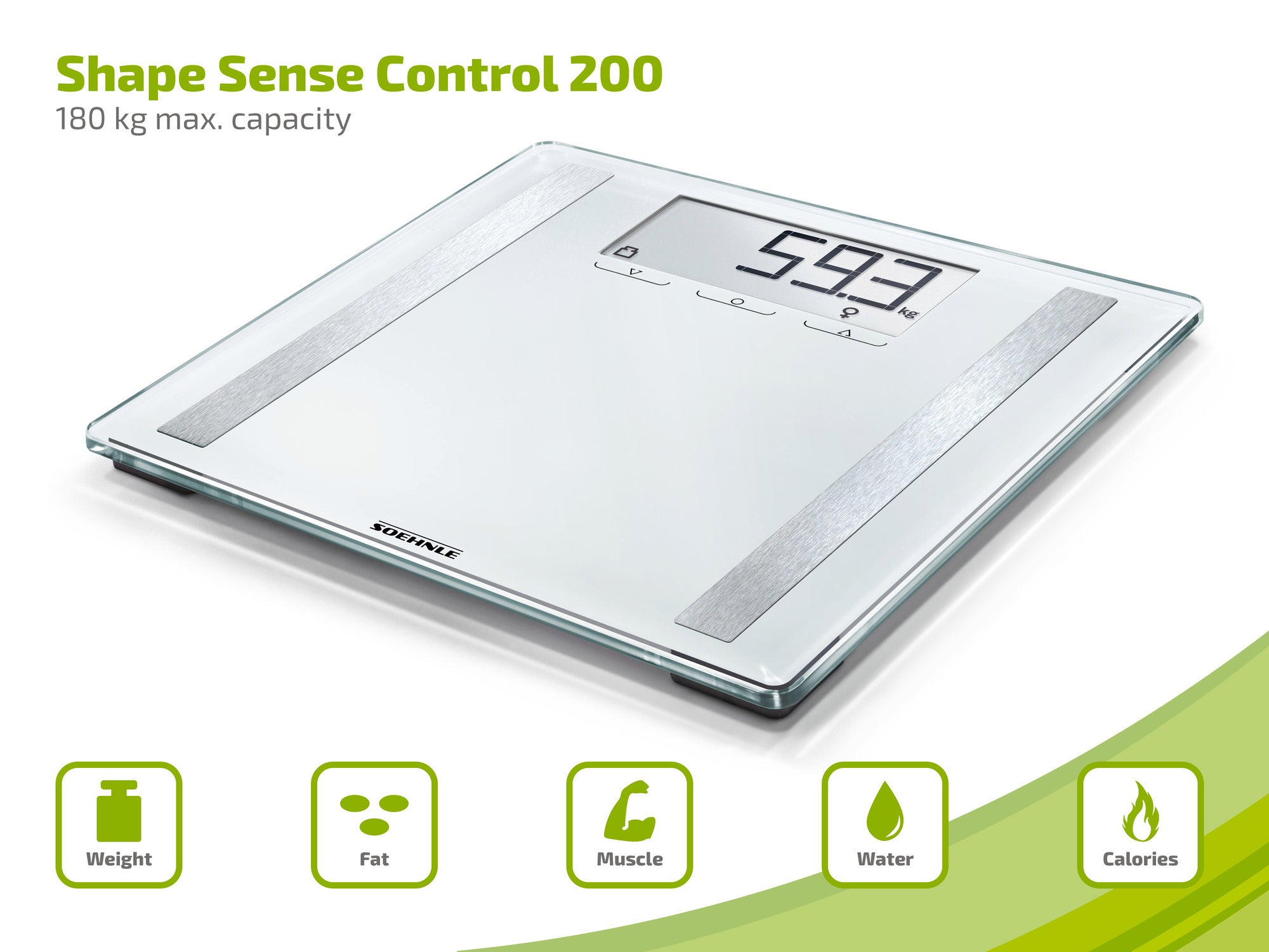 Eine digitale Personenwaage, die Shape Sense Control 200, zeigt ein Gewicht von 59,3 kg an. Sie hat eine maximale Kapazität von 180 kg und misst Gewicht, Fett, Muskelmasse, Wasser und Kalorien.