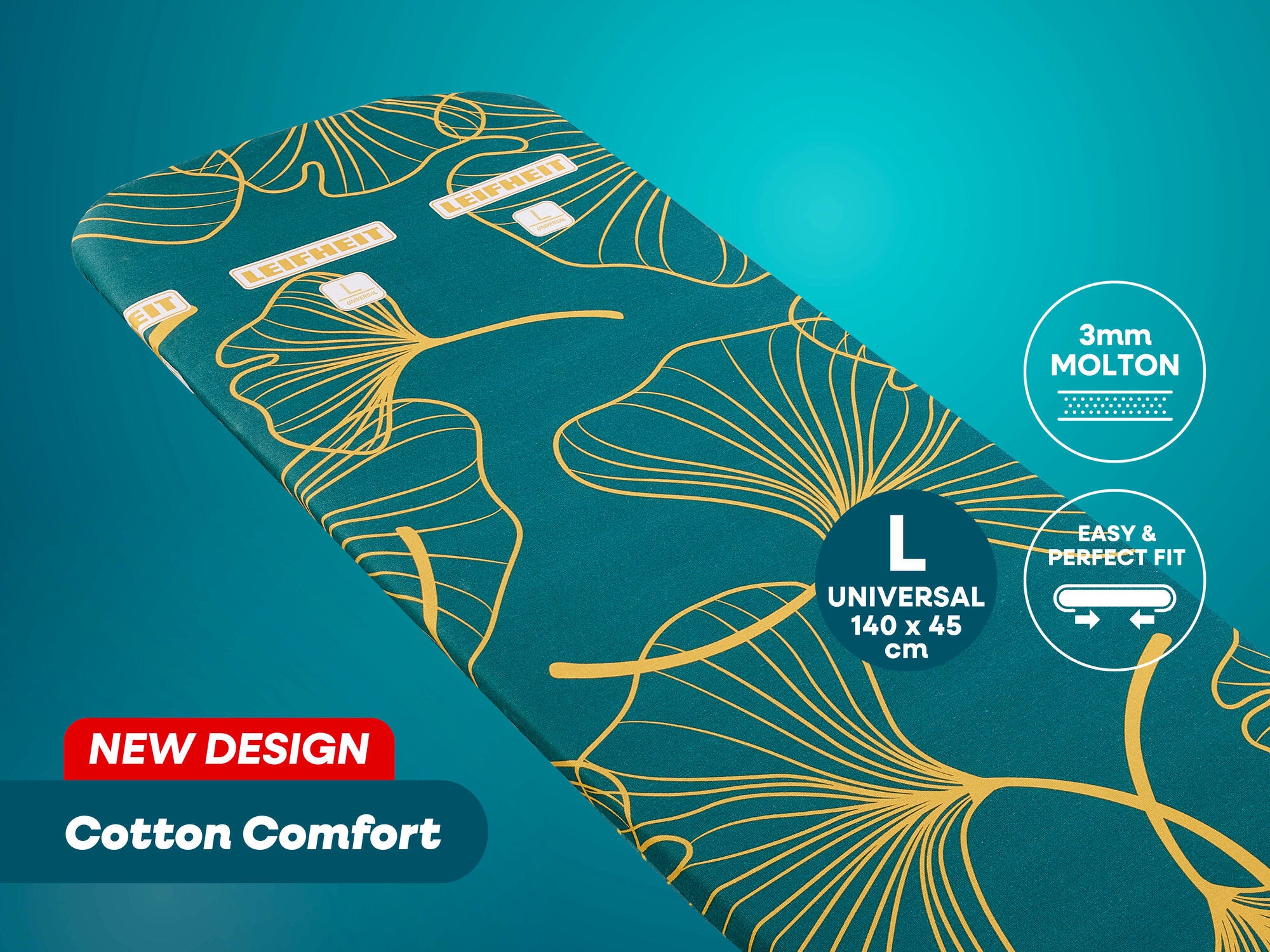 Leifheit Bügeltischbezug Cotton Comfort Universal im neuen Design mit floralem Muster in Petrol und Gold, für Bügeltische bis 140 x 45 cm, mit 3 mm Molton und Easy Fit Passform.
