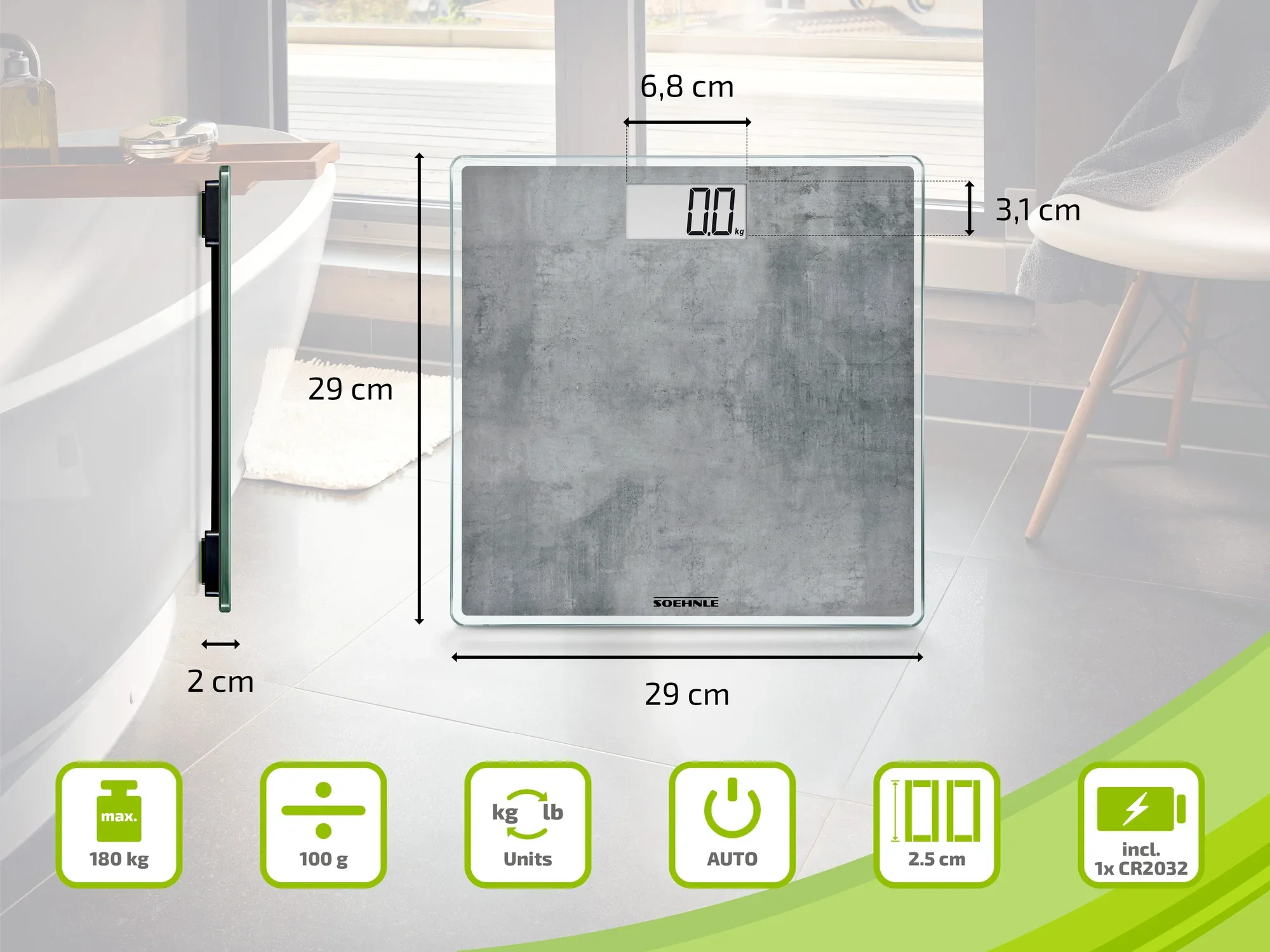 Cyfrowa waga łazienkowa z szarą powierzchnią i wyświetlaczem LCD. Waga ma wymiary 29 x 29 cm i wysokość 3,1 cm. Obsługuje do 180 kg i wyświetla wagę w kg lub funtach.