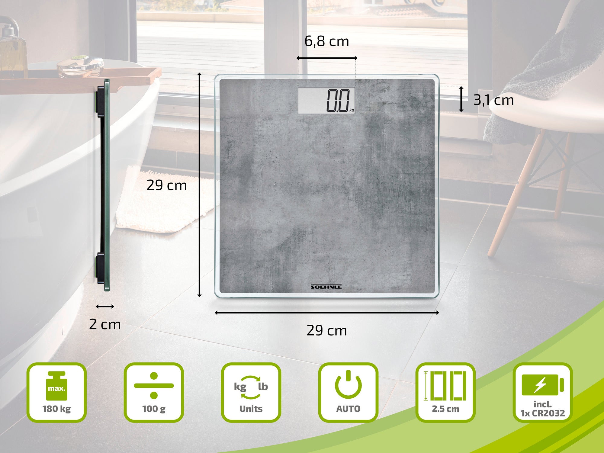 Cyfrowa waga łazienkowa z szarą powierzchnią i wyświetlaczem LCD. Waga ma wymiary 29 x 29 cm i wysokość 3,1 cm. Obsługuje do 180 kg i wyświetla wagę w kg lub funtach.