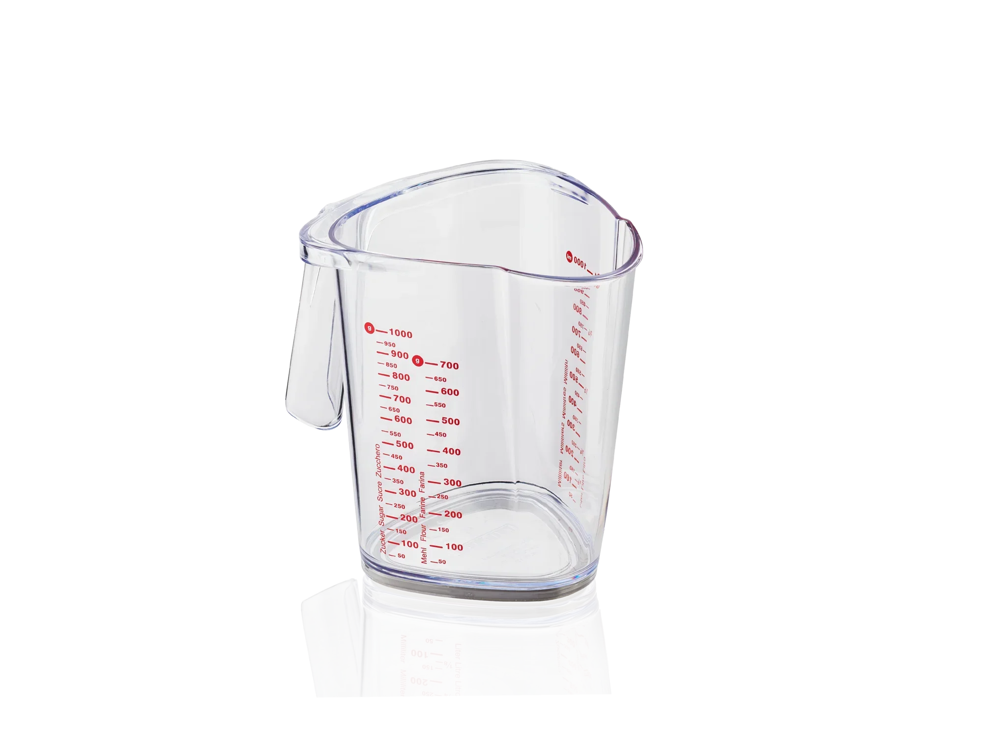 Maatbeker met een inhoud van 1000 ml. De transparante plastic beker heeft een makkelijk af te lezen schaalverdeling in rood en een ergonomisch handvat. Ideaal voor het nauwkeurig afmeten van vloeistoffen in de keuken.