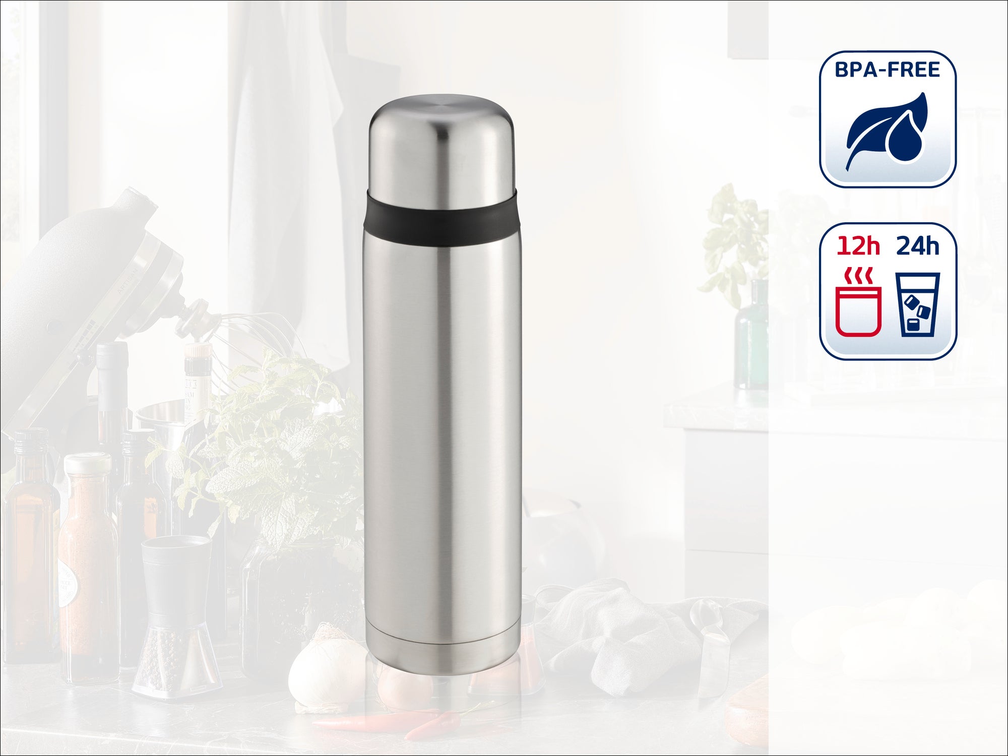 Thermos en acier inoxydable avec label sans BPA. Garde les boissons chaudes pendant 12 heures et froides pendant 24 heures. Idéal pour les déplacements et respectueux de l'environnement.