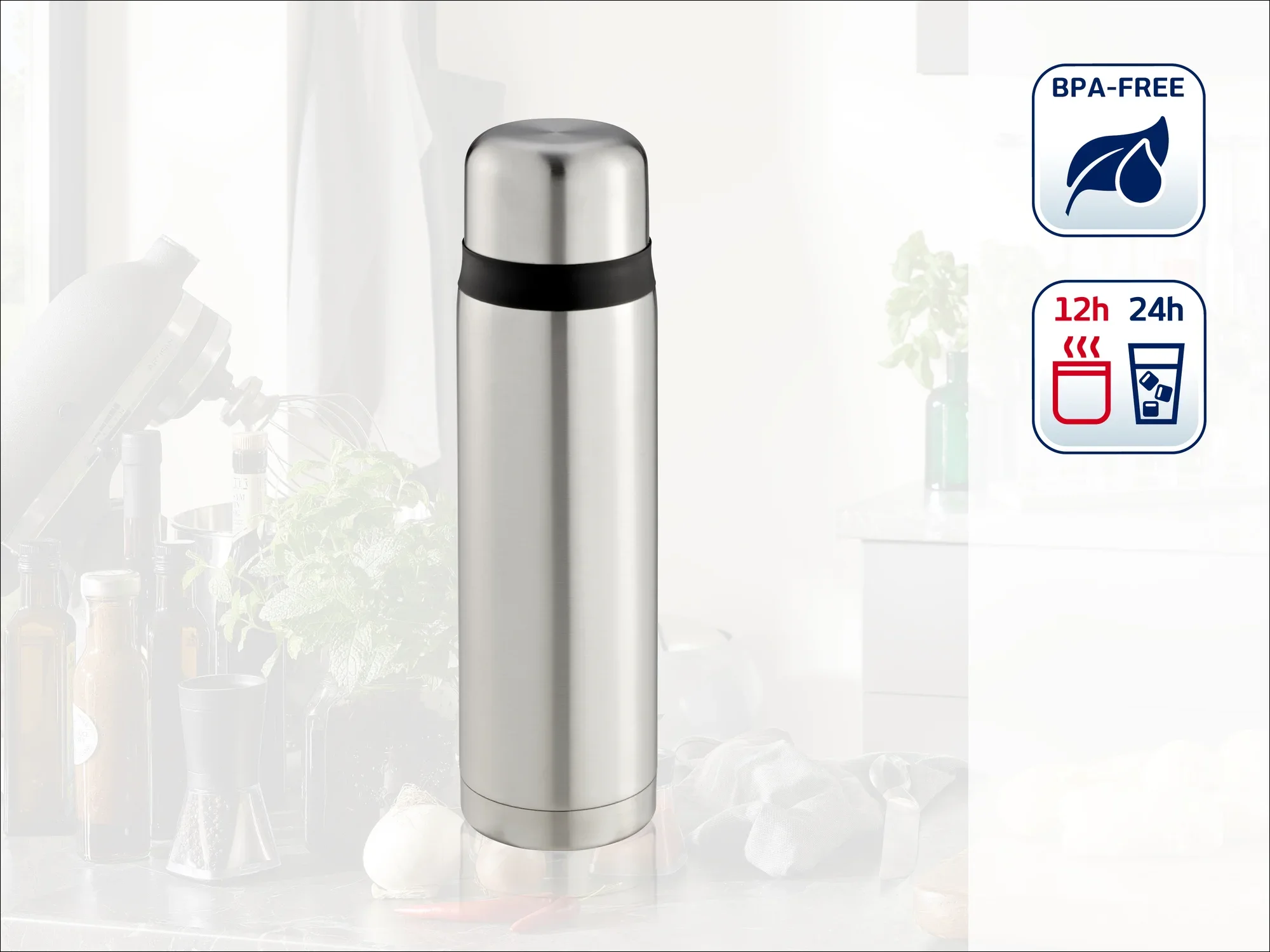Termos ze stali nierdzewnej z uszczelką niezawierającą BPA. Utrzymuje temperaturę napojów przez 12 godzin i zimno przez 24 godziny. Idealny w podróży i przyjazny dla środowiska.
