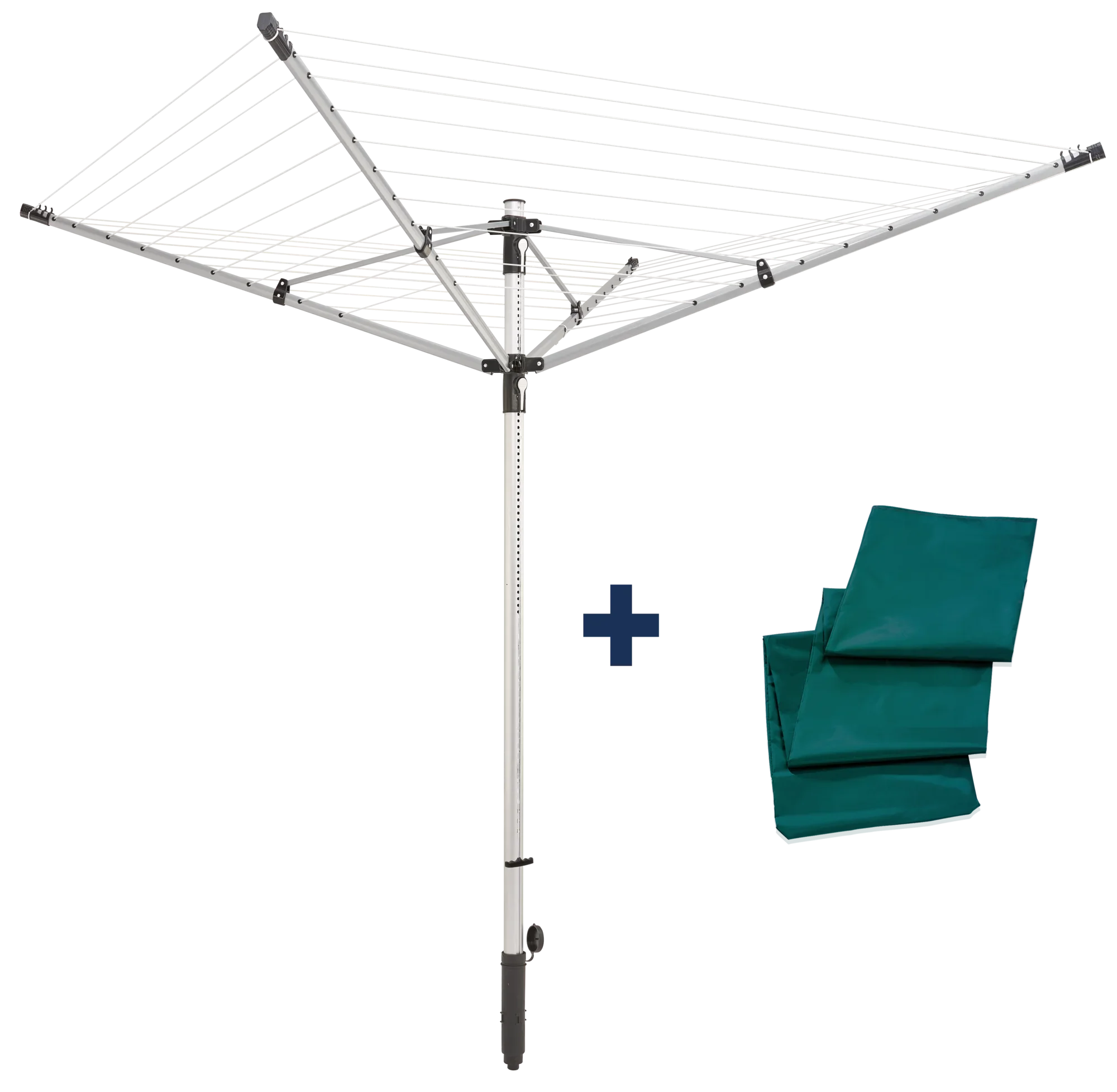 Séchoir parapluie Lino Lift 500 avec housse : un séchoir parapluie robuste et réglable en hauteur avec plusieurs bras. Housse de protection assortie incluse pour un rangement facile. Idéal pour les grandes quantités de linge.