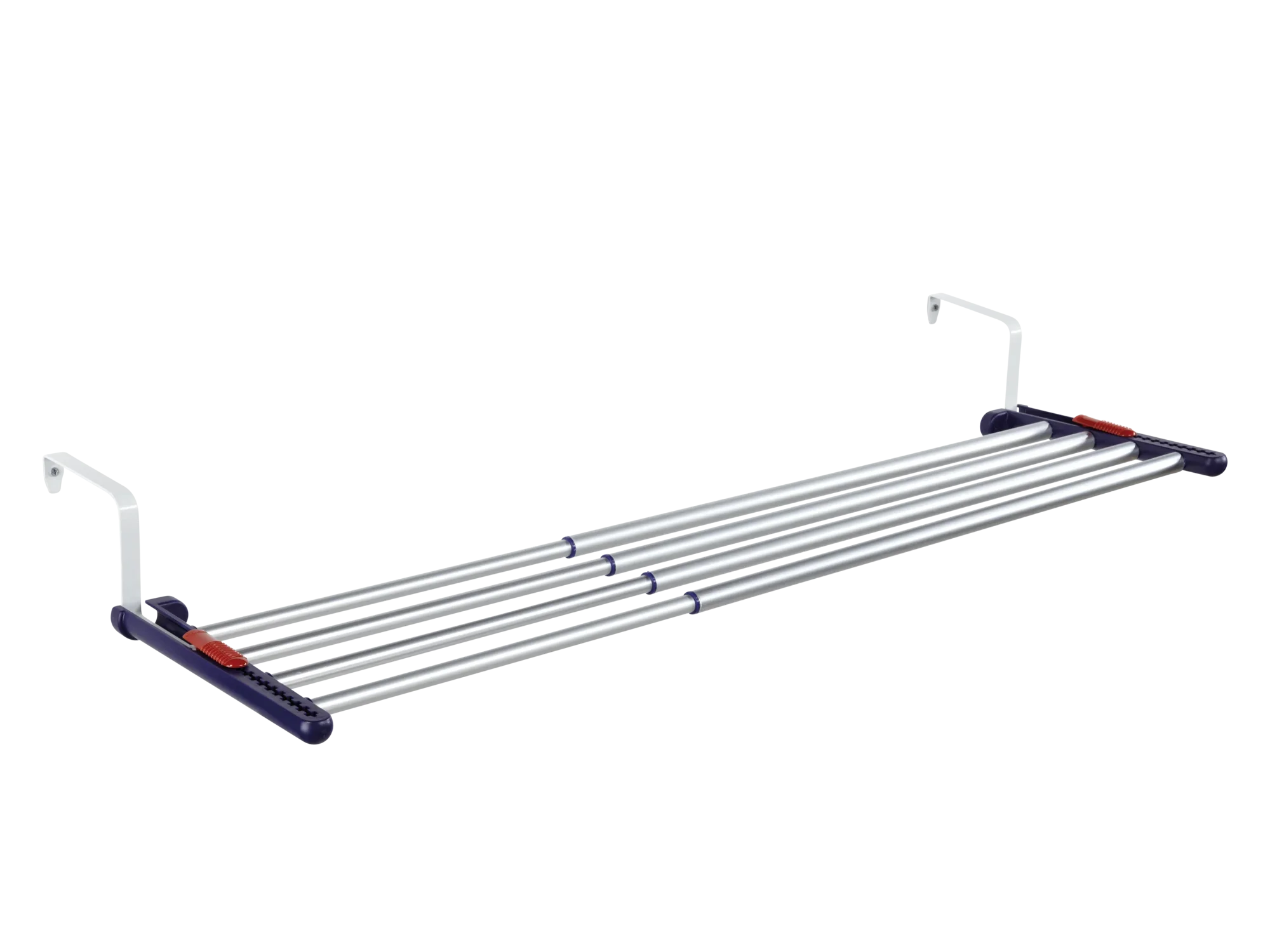 Een uitschuifbare universele droger genaamd "Quartett 42", die aan de muur kan worden bevestigd. Ideaal voor kleine ruimtes, biedt flexibele droogopties met meerdere rails.