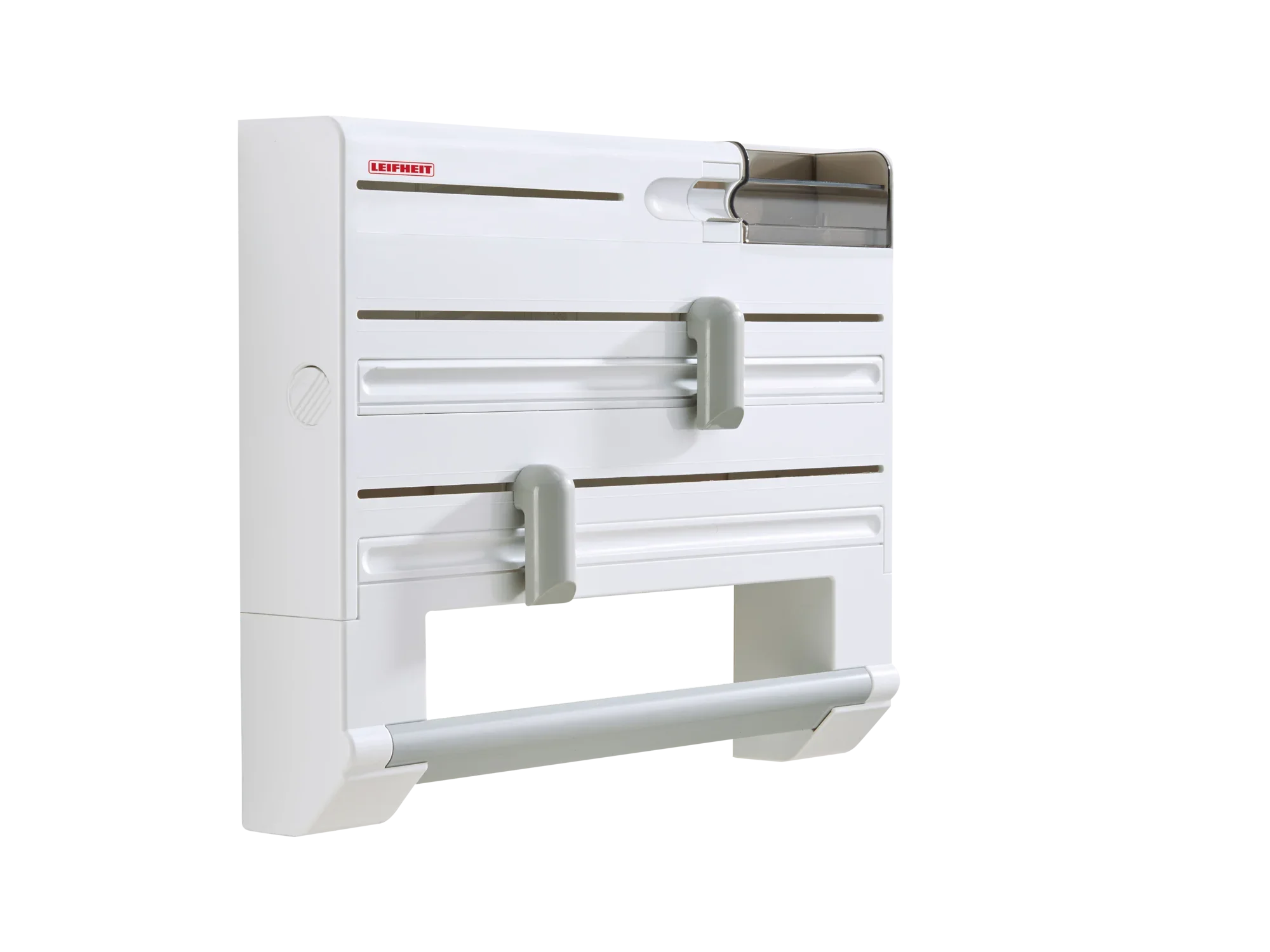 Parat Plus wandrolhouder: Een elegante, witte wandrolhouder met twee houders en een geïntegreerd snijsysteem. Ideaal voor de keuken of werkplaats.