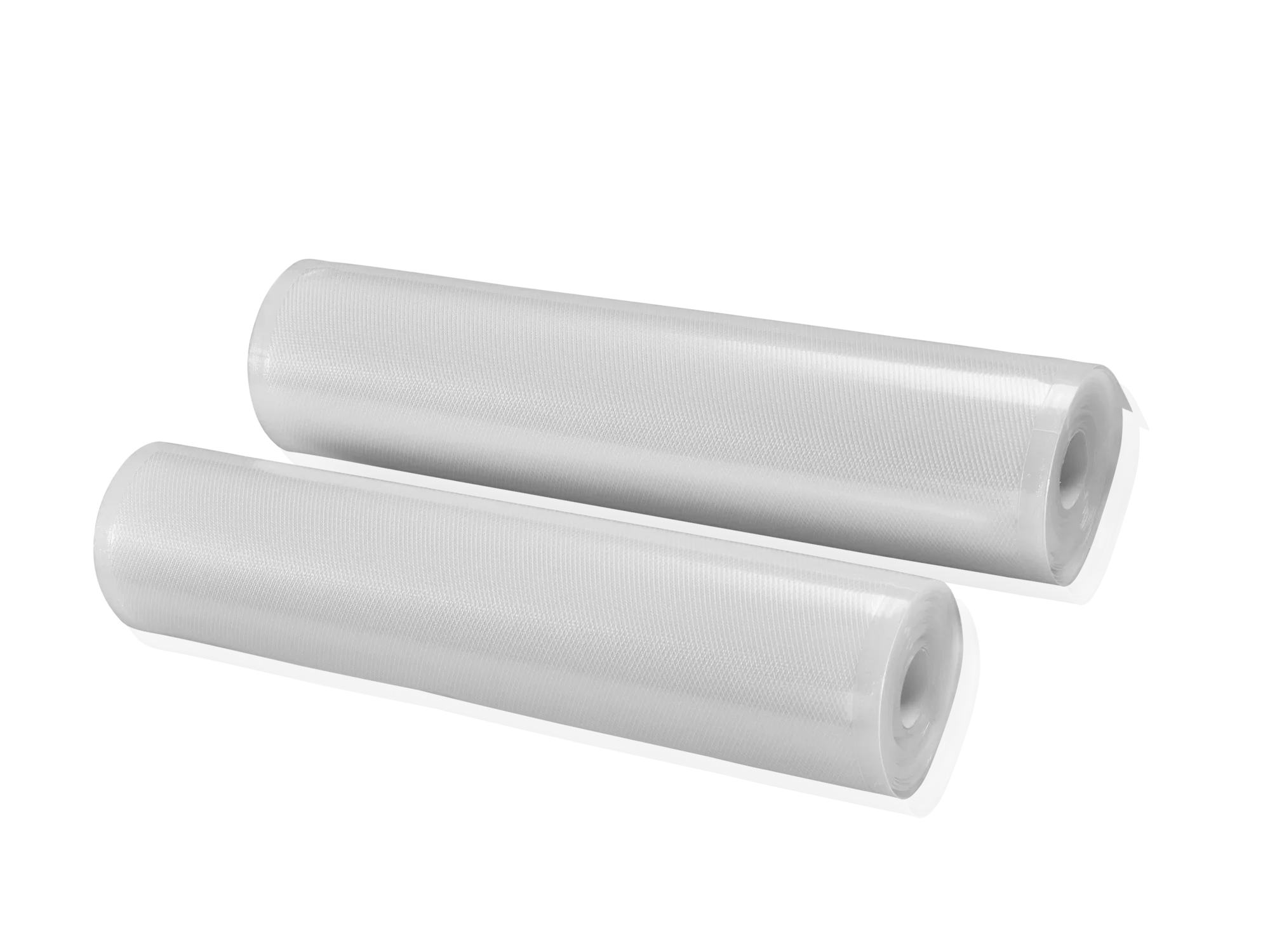 Deux rouleaux sous vide blancs de 30 x 600 cm sur fond noir. Idéal pour conserver les aliments en toute sécurité et préserver leur fraîcheur et leur saveur.