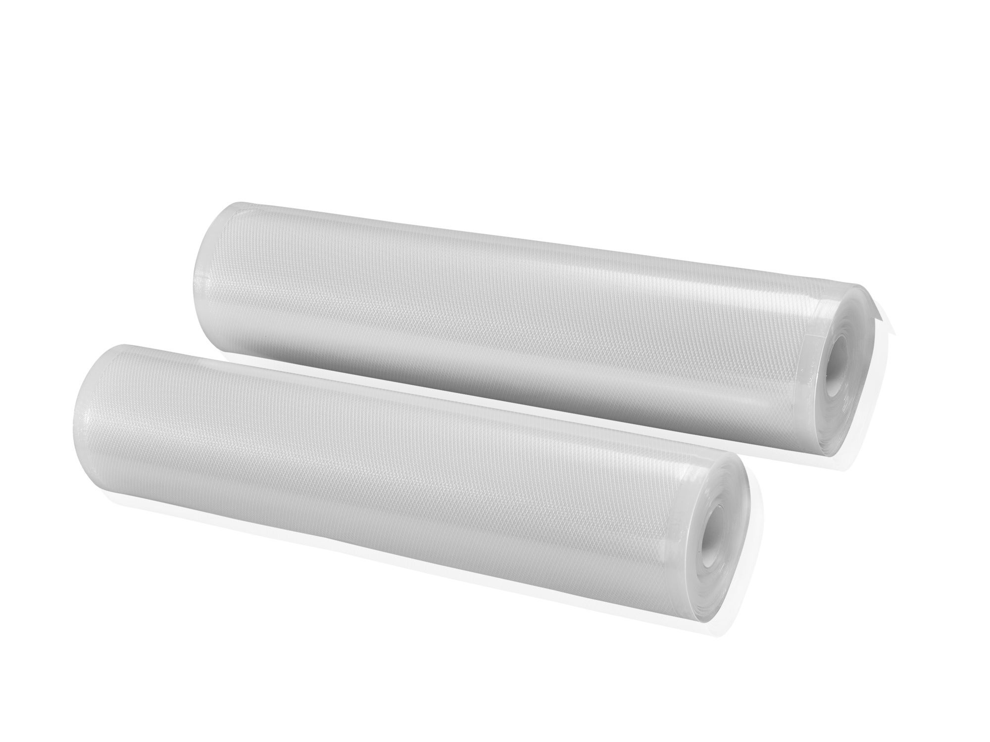 Zwei weiße Vakuum-Rollen mit den Maßen 30x600 cm auf schwarzem Hintergrund. Ideal zur sicheren Aufbewahrung von Lebensmitteln, um Frische und Geschmack zu bewahren.