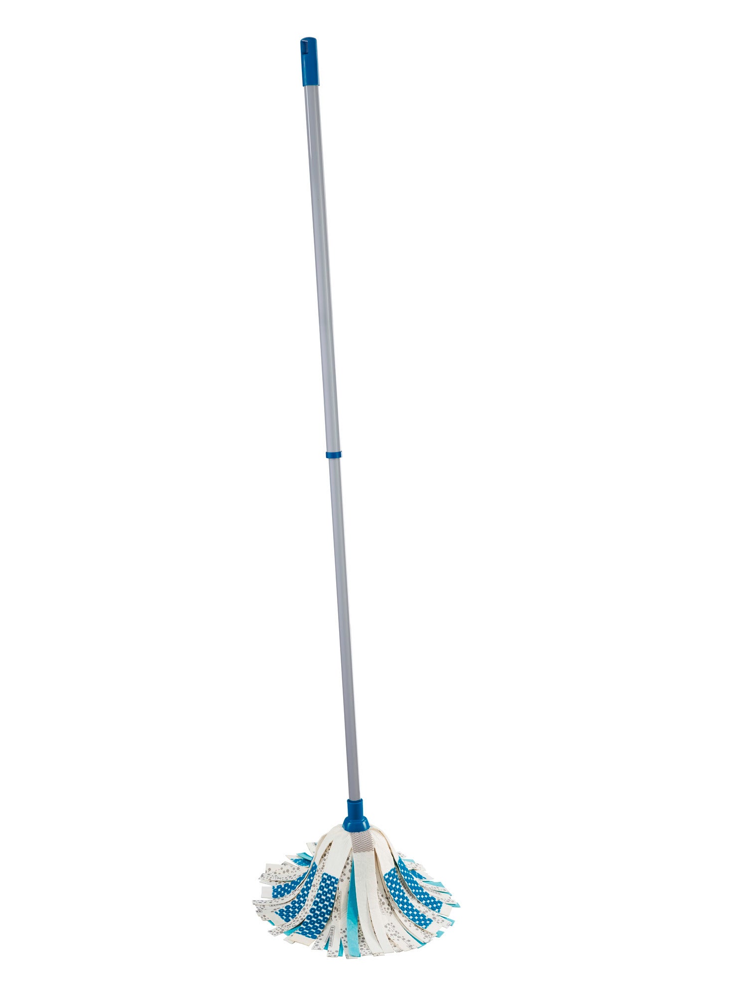 Balai à franges POWER CLEAN 3 en 1 avec manche télescopique. Le balai a un manche bleu et des franges blanches absorbantes avec des rayures bleues, idéales pour un nettoyage en profondeur.