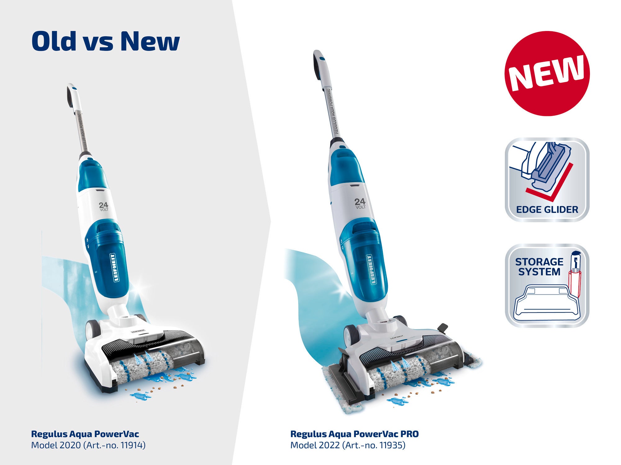 Vergleich der Staubsauger Regulus Aqua PowerVac und Regulus Aqua PowerVac PRO. Das neue Modell PRO bietet verbesserte Funktionen wie Edge Glider und Storage System.
