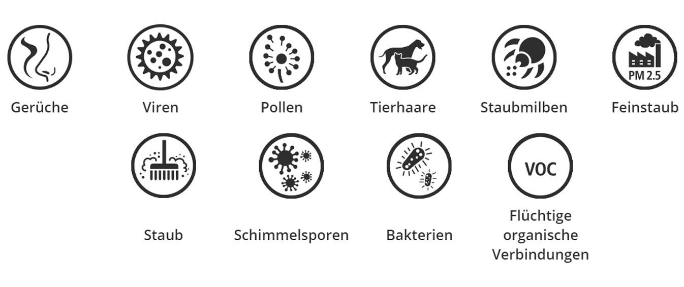Symbole fuer Gerueche, Viren, Pollen, Tierhaare, Staubmilben, Feinstaub, Staub, Schimmelsporen, Bakterien und fluechtige organische Verbindungen.