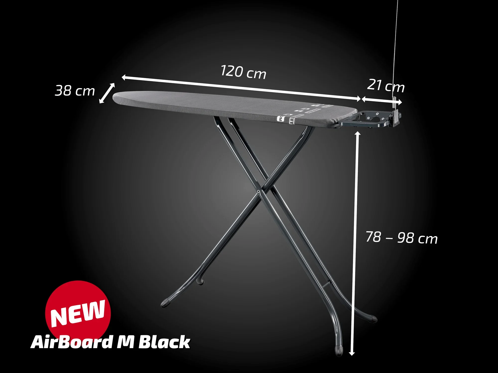 Bügeltisch AirBoard M Black von Leifheit mit einer Bügelfläche von 120 x 38 cm. Höhenverstellbar von 78 bis 98 cm. Schwarzes Design mit stabilen, klappbaren Beinen.