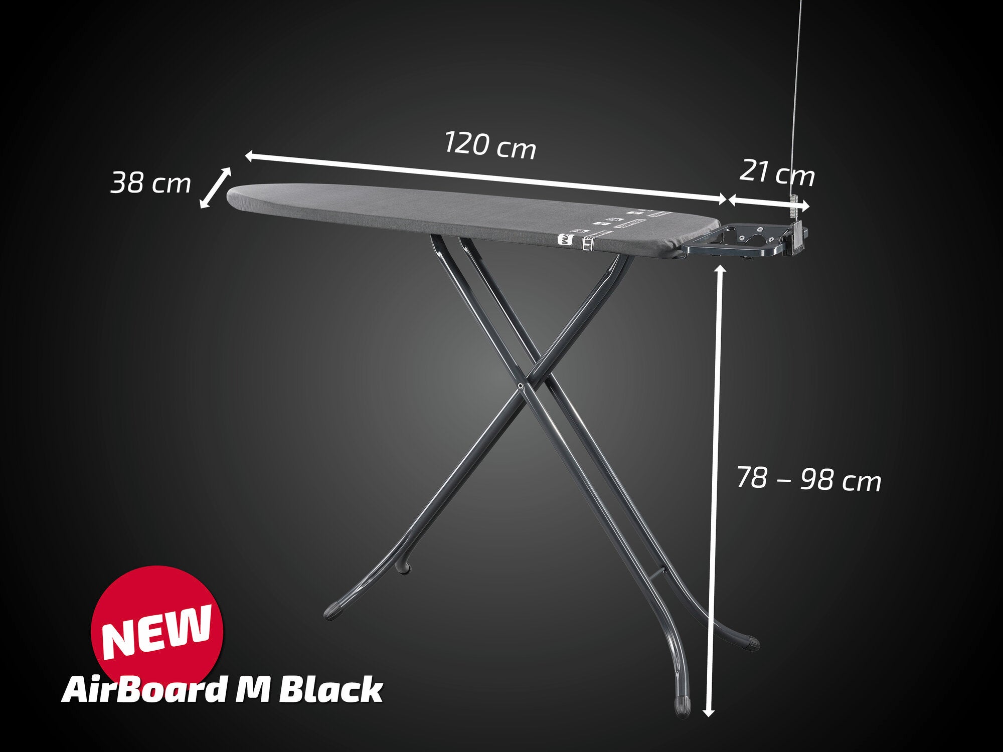 Bügeltisch AirBoard M Black von Leifheit mit einer Bügelfläche von 120 x 38 cm. Höhenverstellbar von 78 bis 98 cm. Schwarzes Design mit stabilen, klappbaren Beinen.