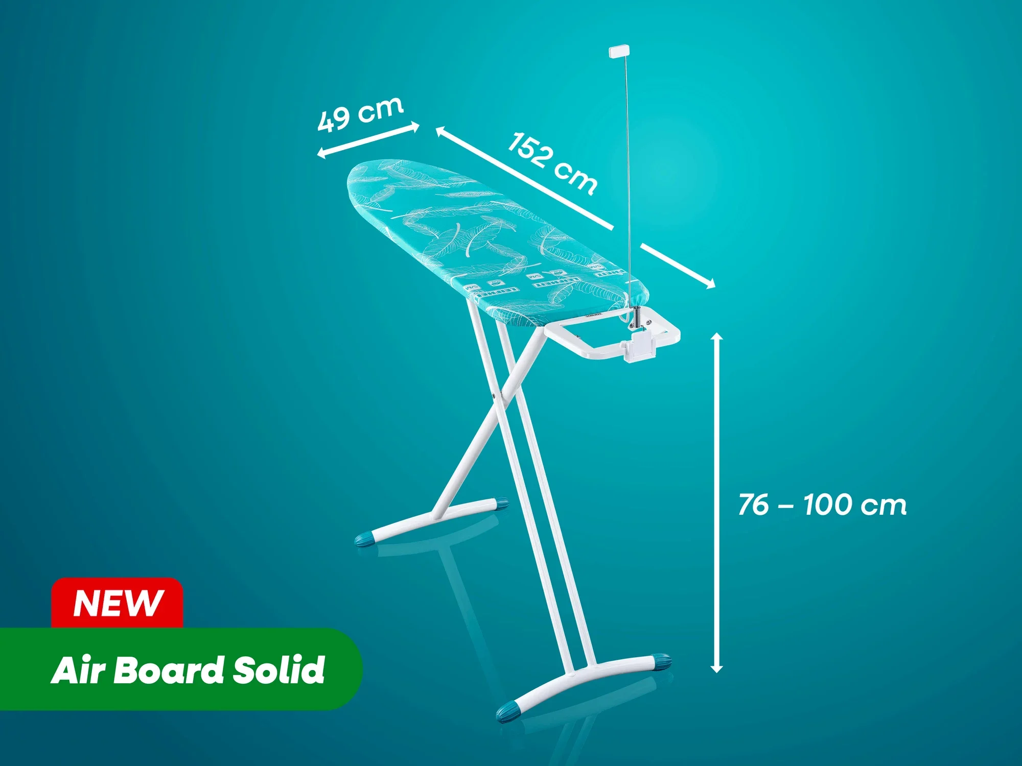 Bügeltisch Air Board Solid von Leifheit mit den Maßen 49 cm Breite, 152 cm Länge und höhenverstellbar von 76 bis 100 cm. Ideal für komfortables Bügeln.