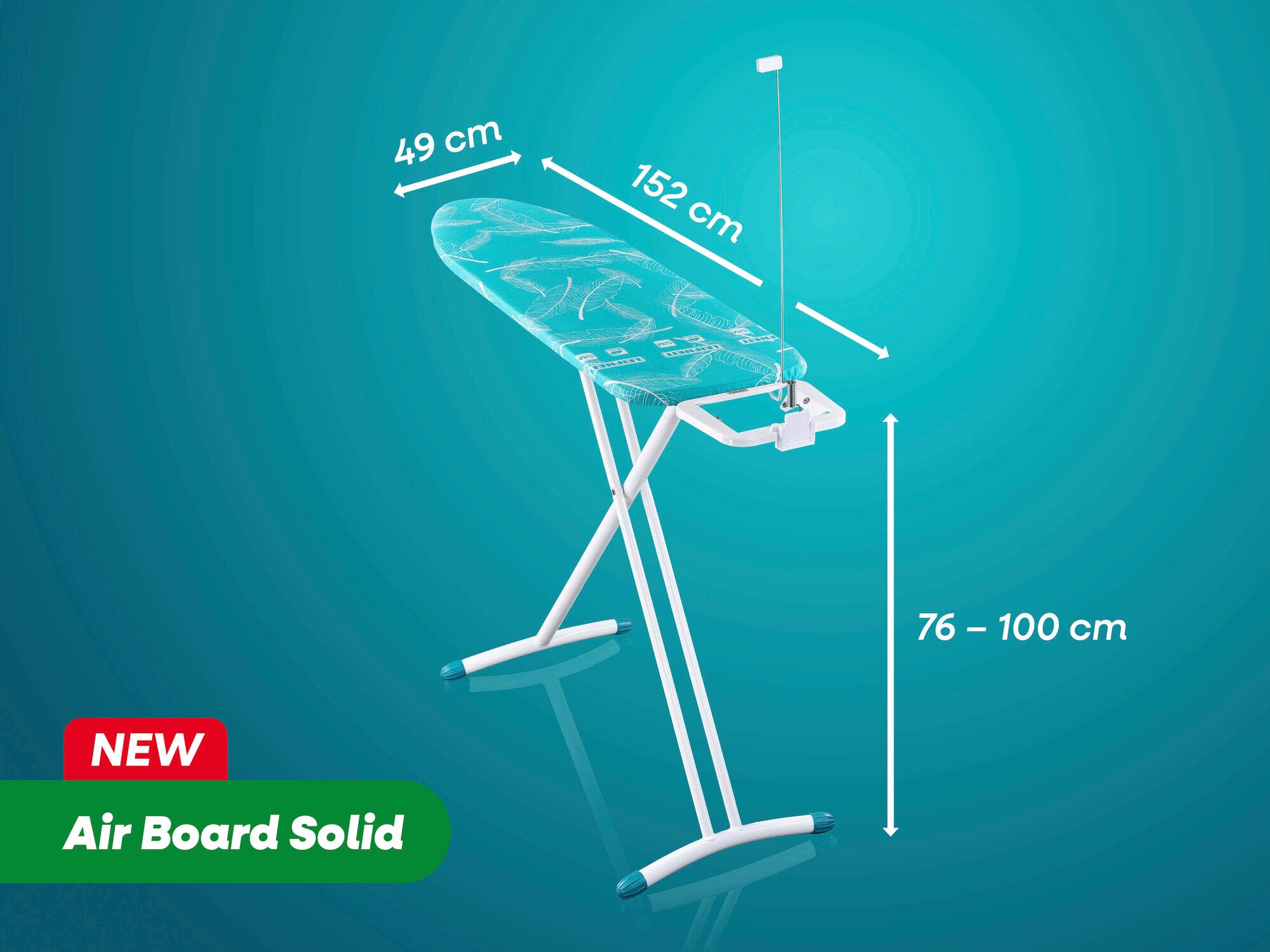 Bügeltisch Air Board Solid von Leifheit mit den Maßen 49 cm Breite, 152 cm Länge und höhenverstellbar von 76 bis 100 cm. Ideal für komfortables Bügeln.