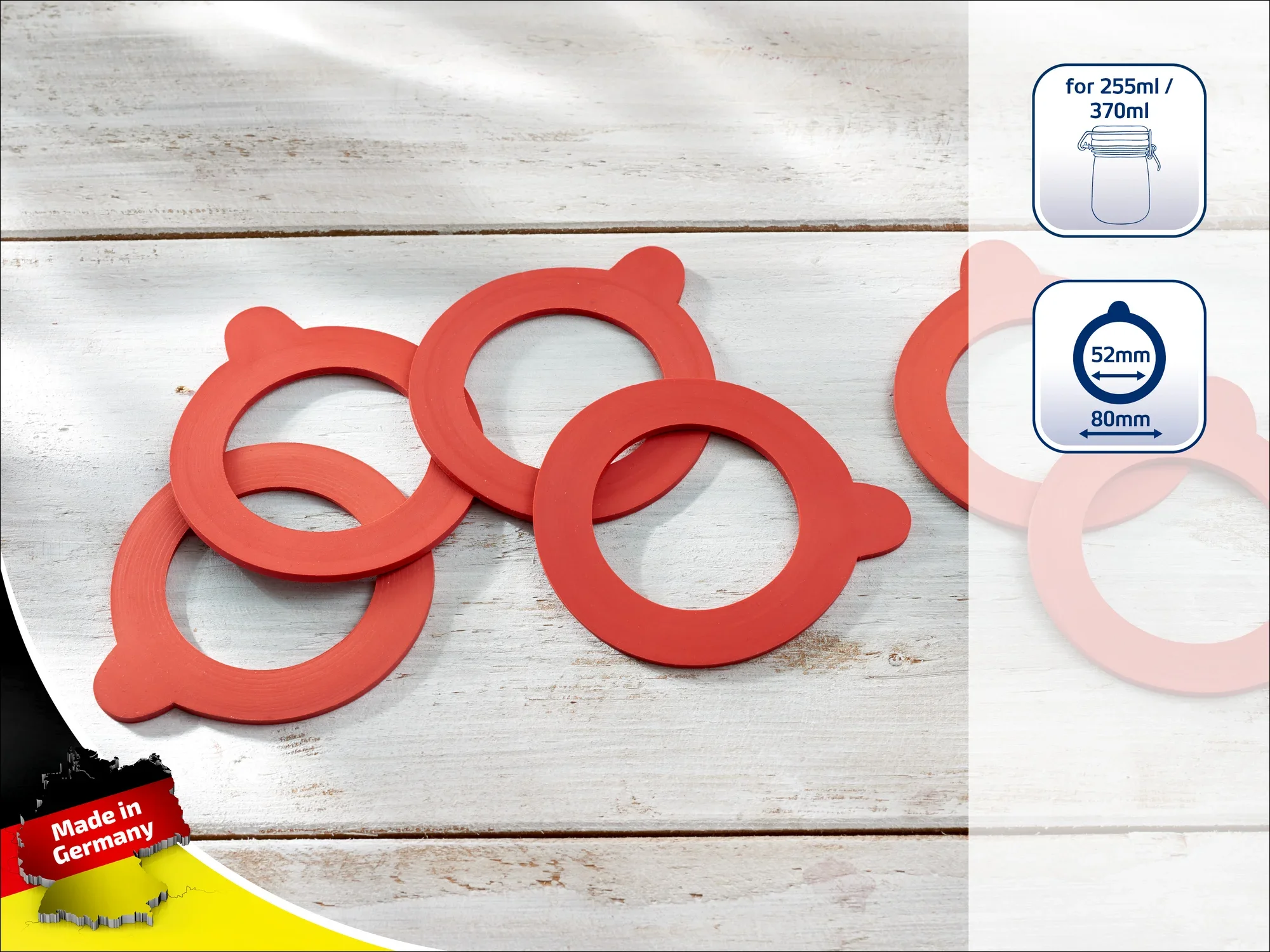 Czerwone gumowe uszczelki do słoików konserwowych, odpowiednie do słoików o pojemności 255 ml i 370 ml. Wyprodukowane w Niemczech, średnica 52 mm i 80 mm. Idealne do bezpiecznego konserwowania.