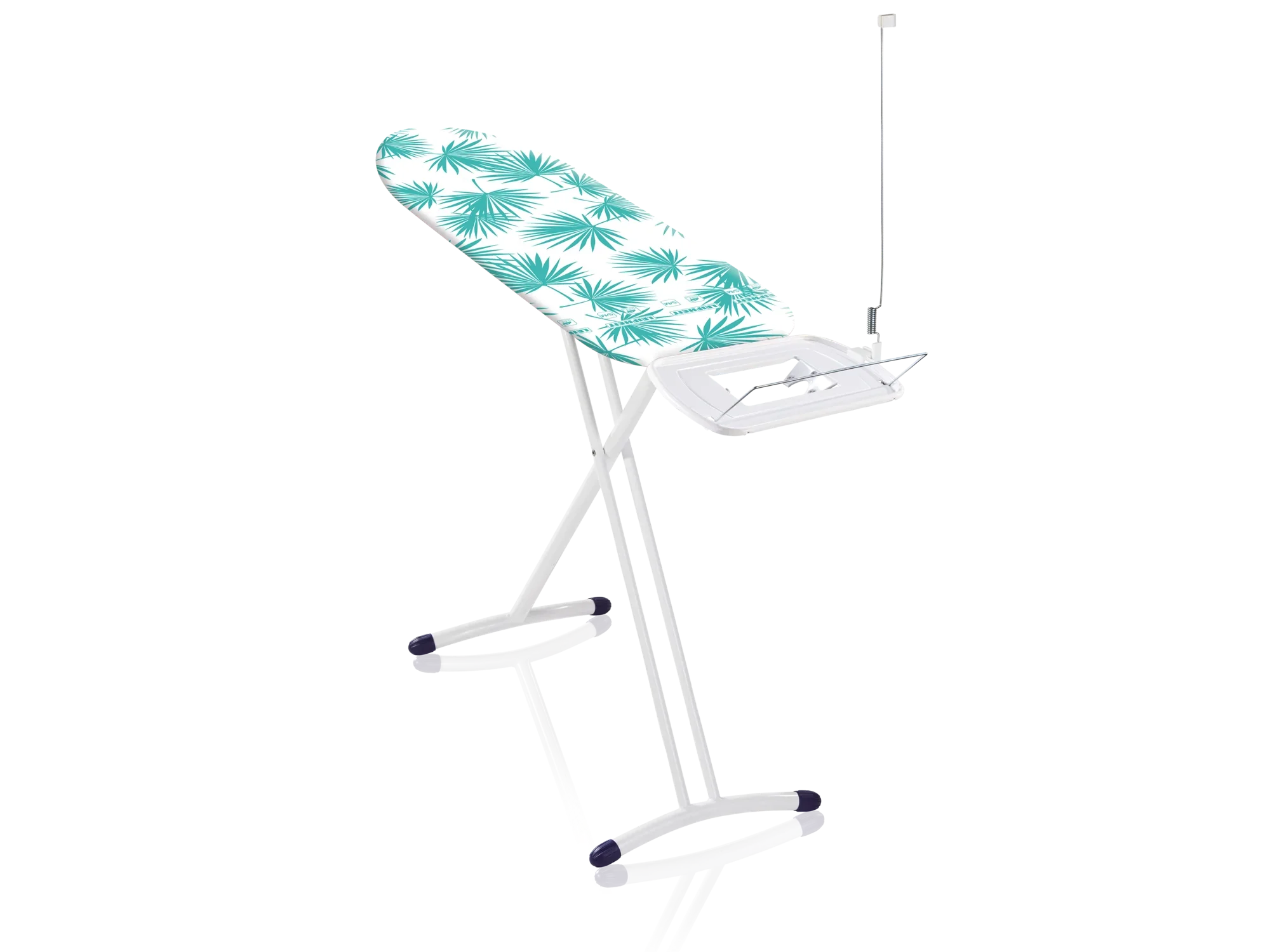 AirBoard Express Solid M Strijkplank met palmbladmotief. De tafel heeft een stabiel, wit frame en een houder voor het strijkijzer. Ideaal voor efficiënt strijken.