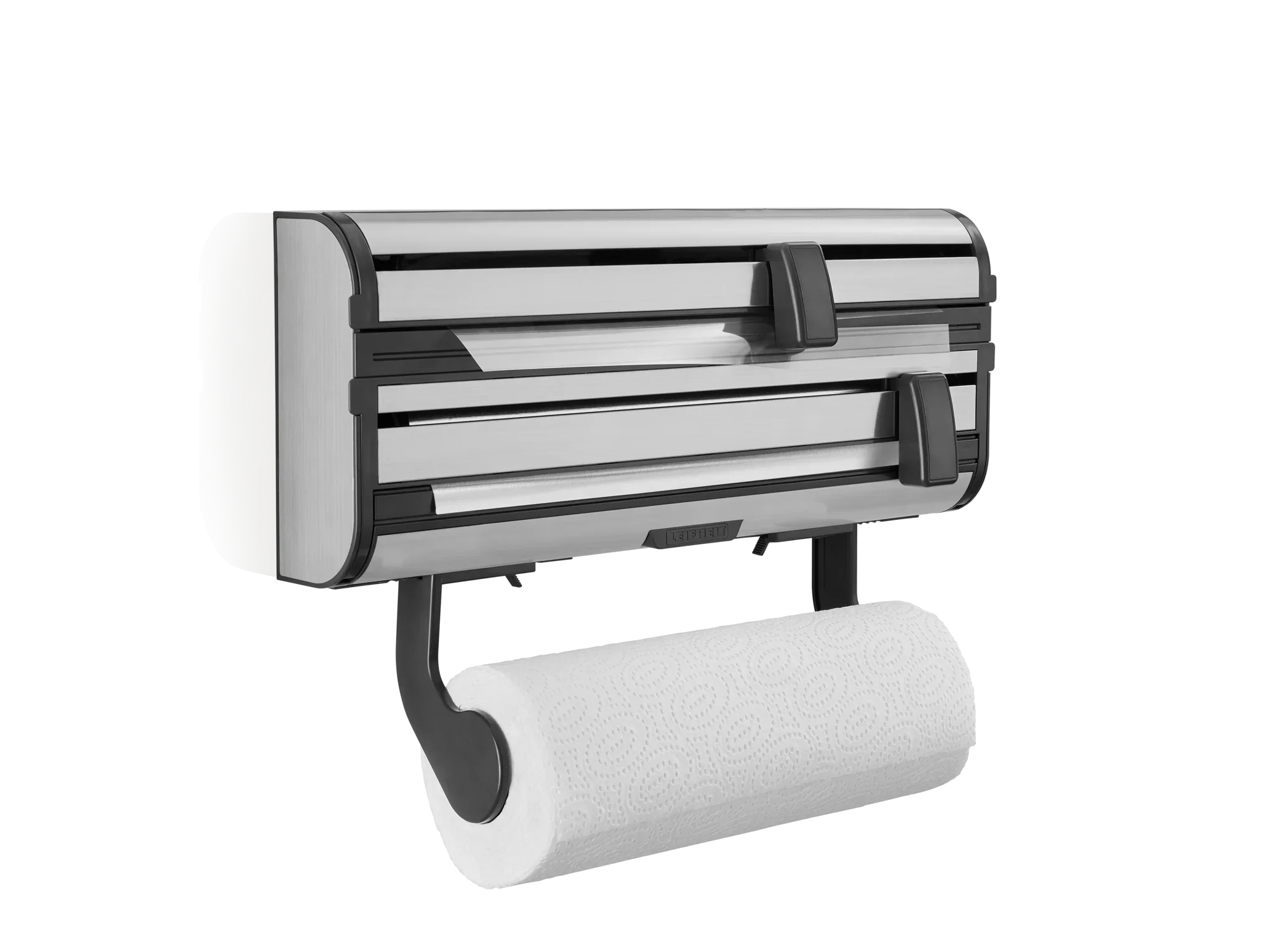 Wandrolhouder Parat Royal van roestvrij staal met geïntegreerd snijsysteem. Praktisch voor de keuken of werkplaats, houdt folie netjes en bij de hand.