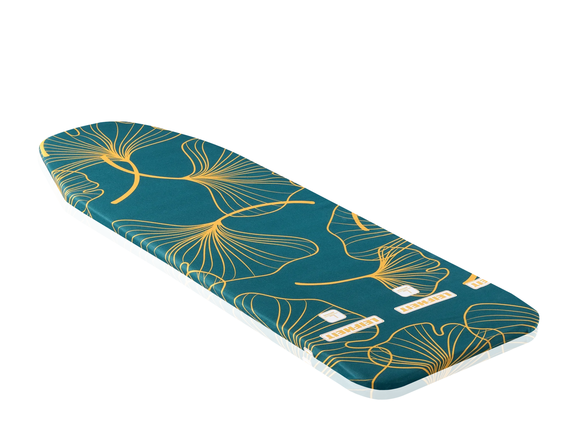 Bügeltischbezug Cotton Comfort Universal von Leifheit in einem eleganten Design mit blauen und gelben Mustern. Der Bezug bietet eine glatte Oberfläche für effizientes Bügeln.