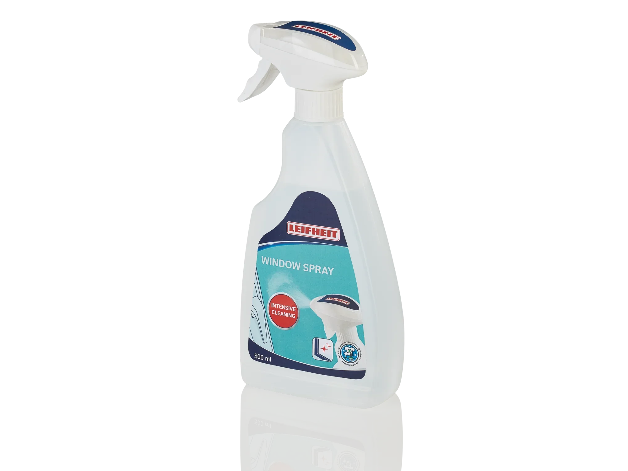 Sprühflasche mit Leifheit Fensterspray Glasreiniger, 500 ml. Ideal für streifenfreie Reinigung von Glasoberflächen. Ergonomisches Design für einfache Handhabung.