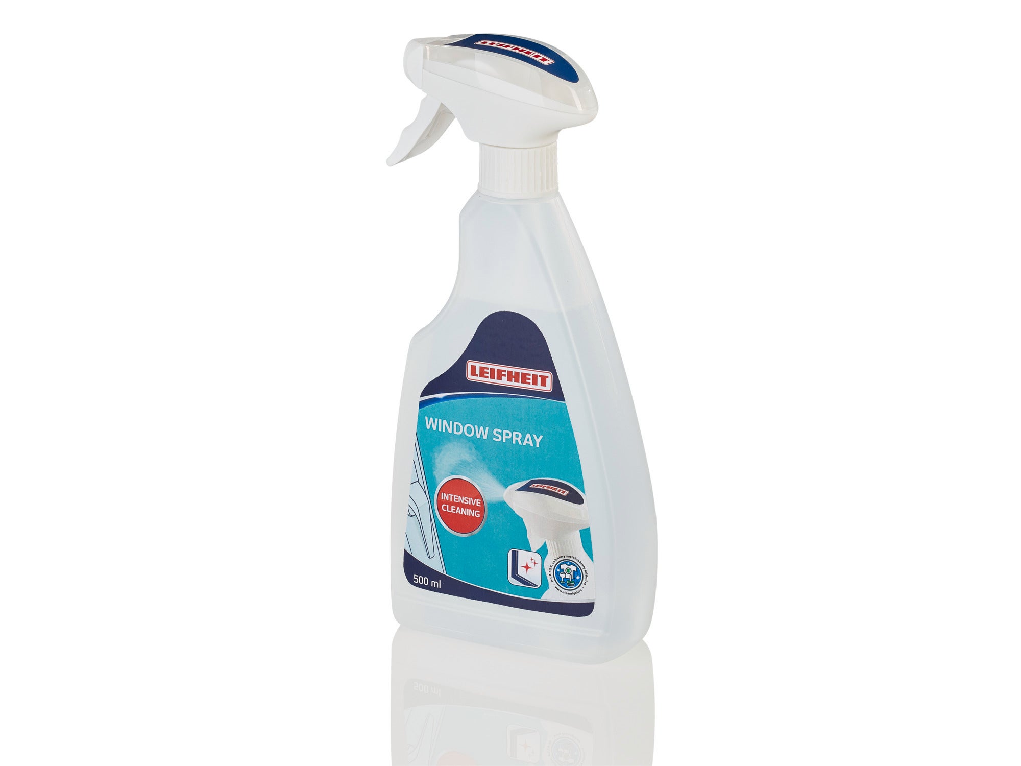 Flacone spray con detergente per vetri Leifheit, 500 ml. Ideale per la pulizia senza aloni delle superfici in vetro. Design ergonomico per un facile utilizzo.