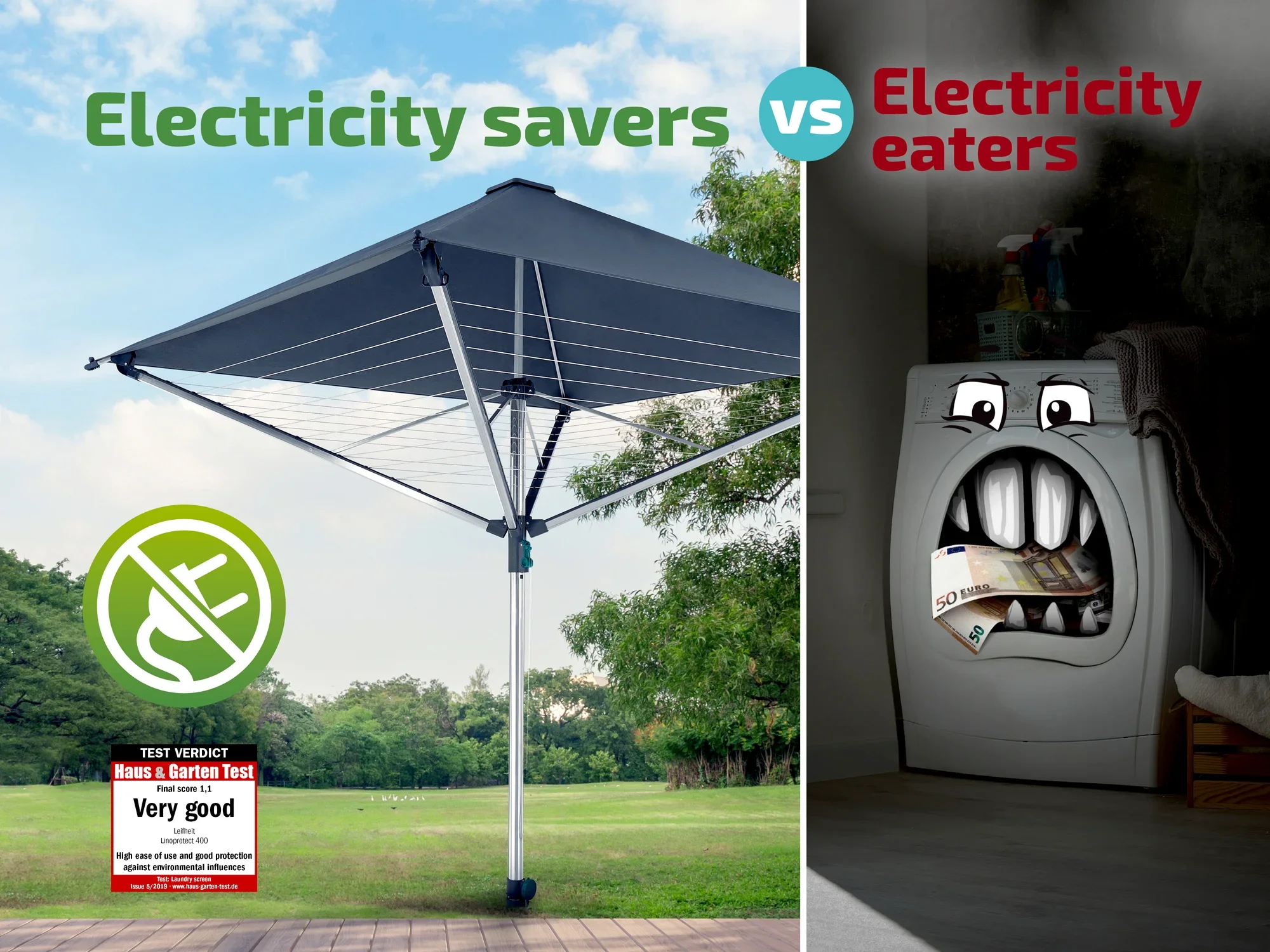 Un séchoir à linge se trouve à l'extérieur sous un ciel bleu, entouré d'arbres. À gauche, un symbole représentant les économies d'énergie. À droite, une image représentant une machine à laver avec un visage qui mange des billets de banque.