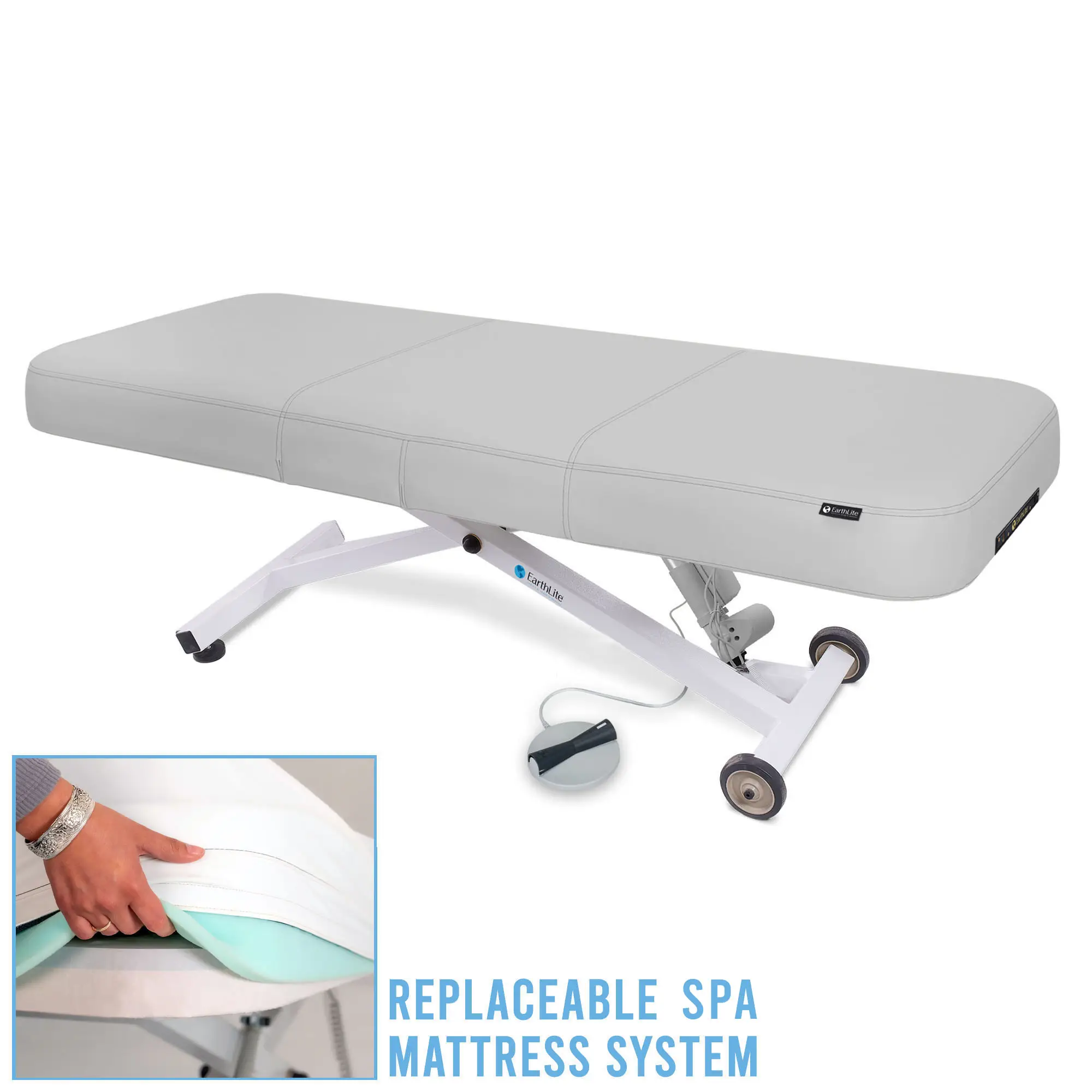 Massageliege steheend  zeigt das austauschbare Polstersystem der Ellora LX Massageliege