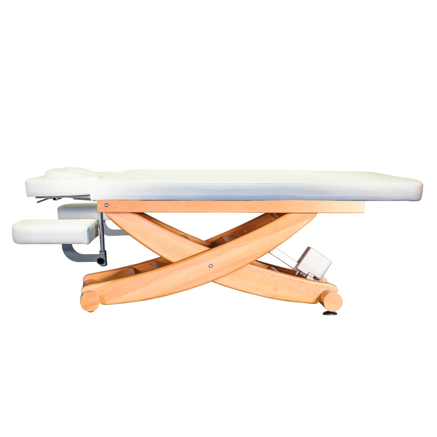 massageliege-massagebank-4-segmente-mit-armablagen-farbe-blanco Massageliege HAVANNA Holz mit Kopfteil und Armablagen | Untergestell Buche lackiert | Farbe PU-Arena