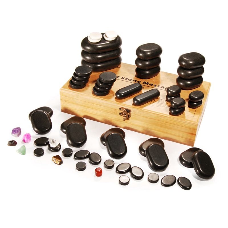 Hot Stone Set - 60 Massagesteine mit Bambusbox Elektronik