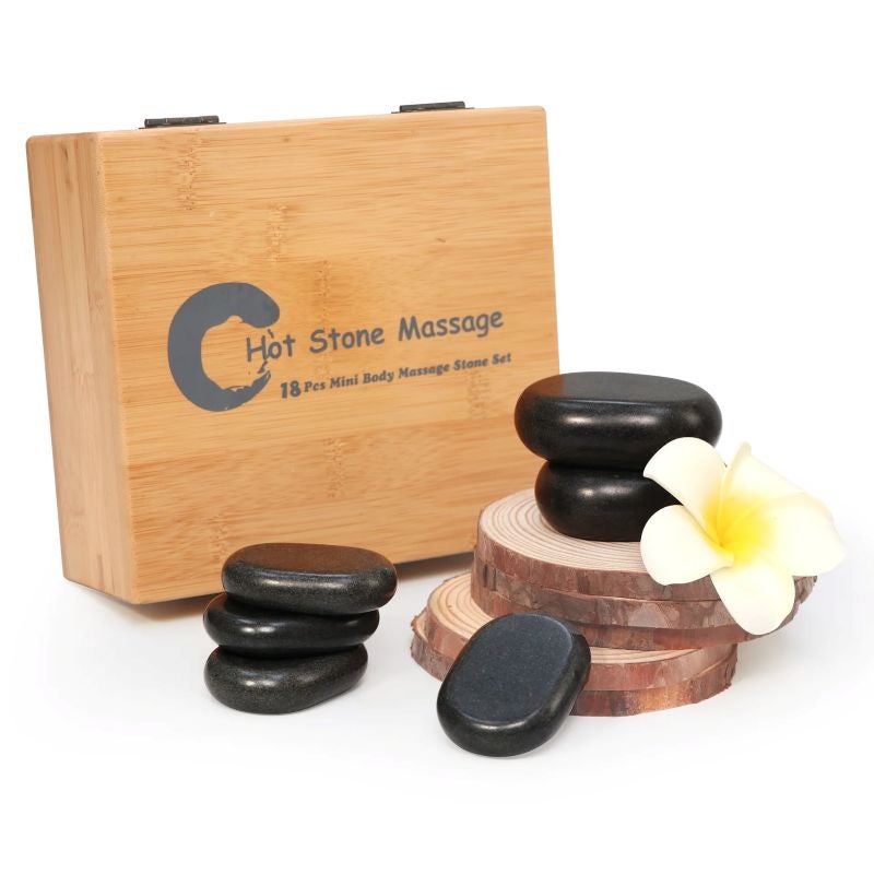 Hot Stone Set - 18 Massagesteine mit BambusBox Kieselstein, Eishockey-Puck, Eisbahn, Eislaufen, Sport