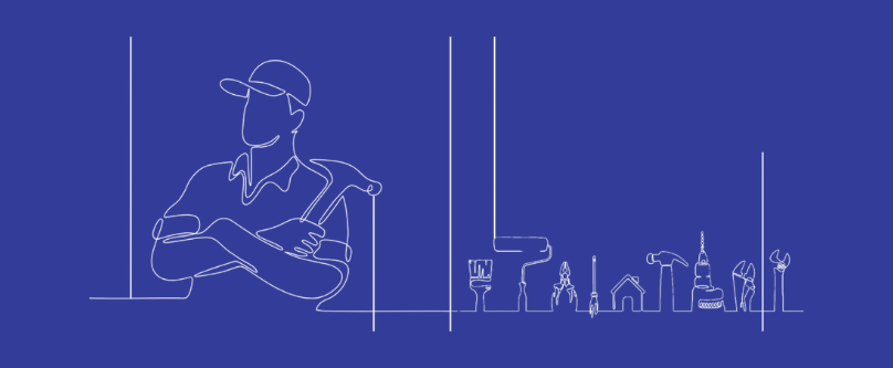 mancave, bartender, line-art, blue-background, workbench, arbeitsmann, werkzeug, werkzeugkasten, werkbank, fullsize-werkzeug