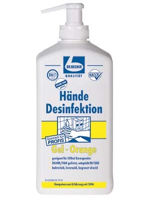 Hände Desinfektion Gel orange mit Pumpspender 500 ml.