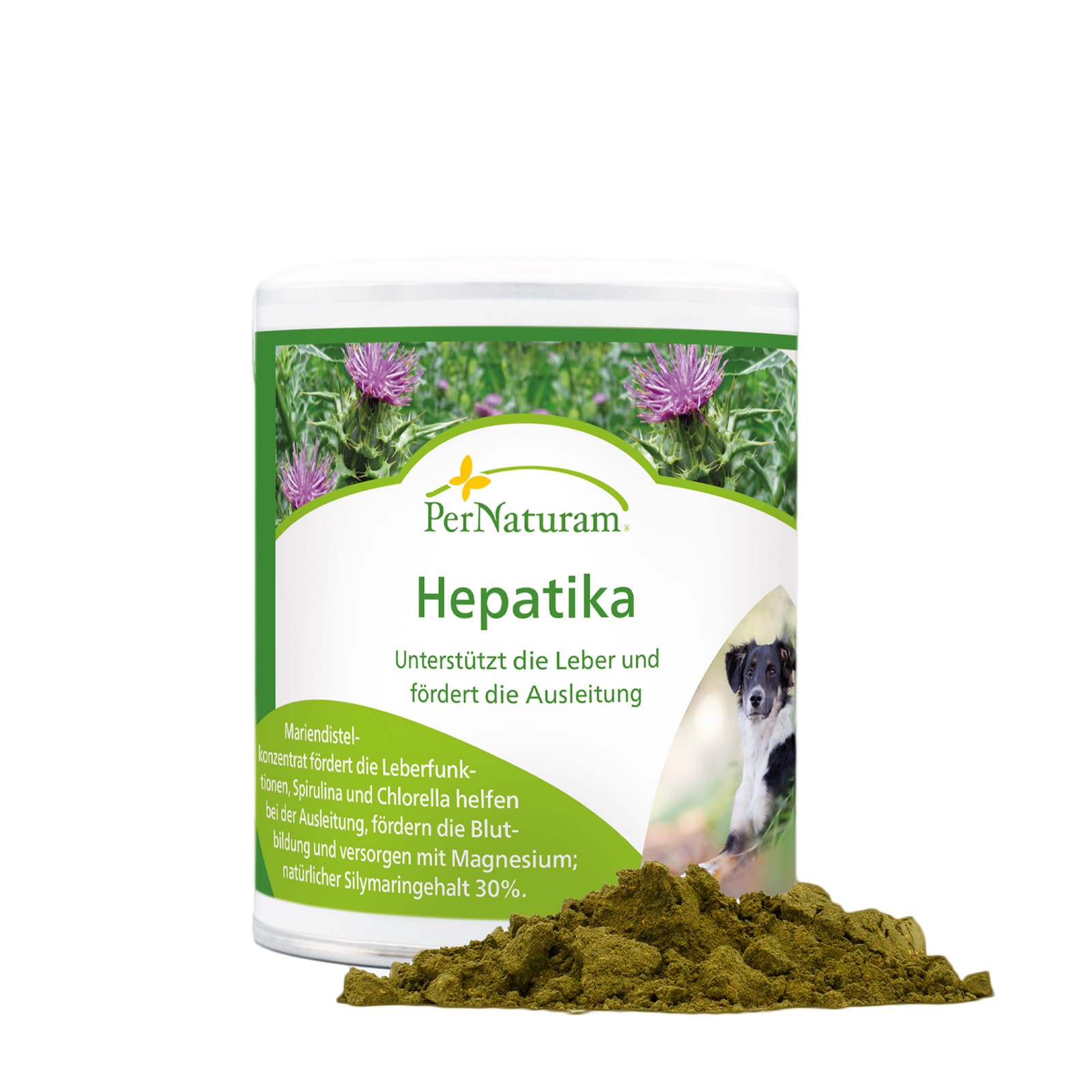 White tin with green lettering featuring a dog and a herb. Green powder in front of the tin.