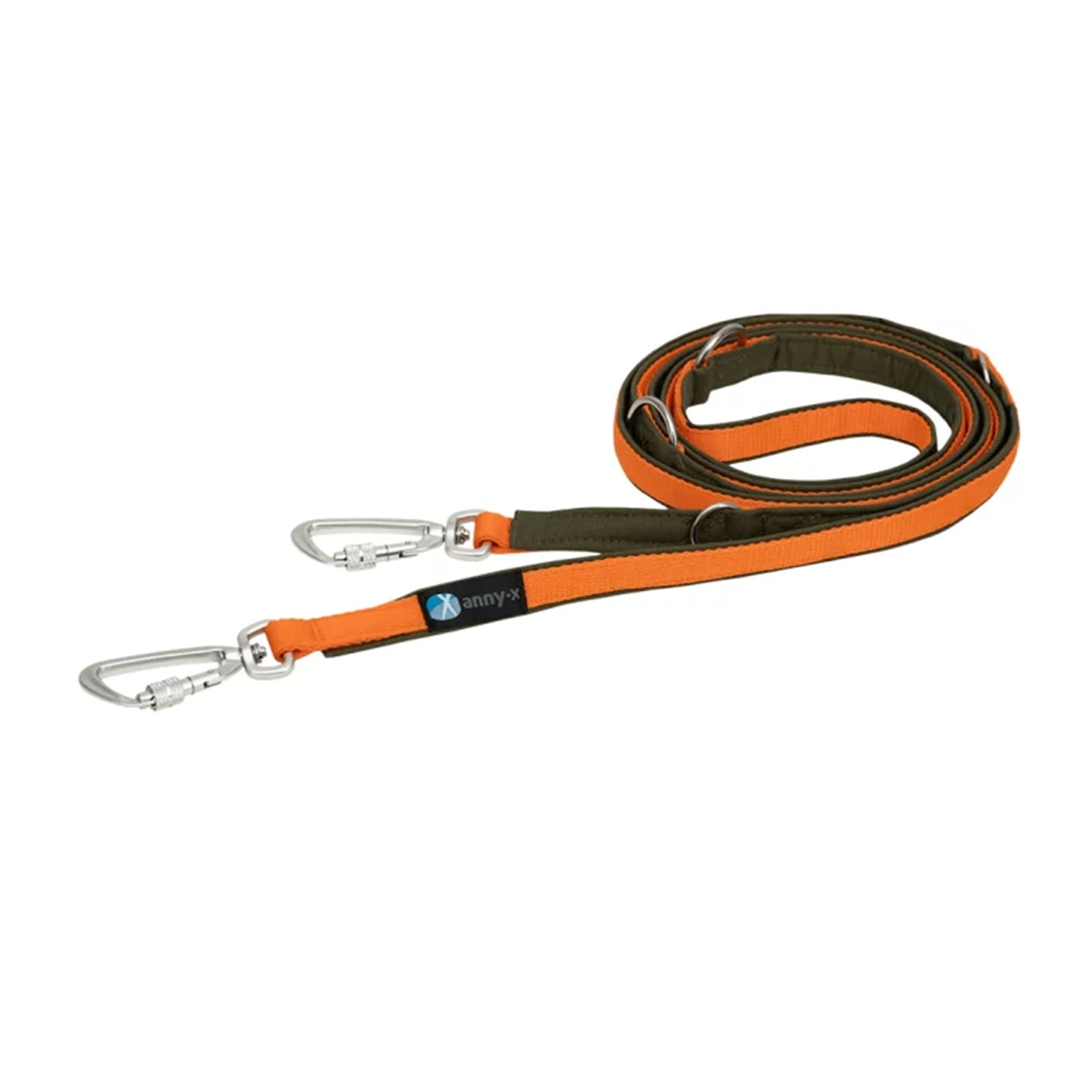 Orange und Olivfarbene Leine mit Metallschnallen und Ringen; Längenverstellbar
