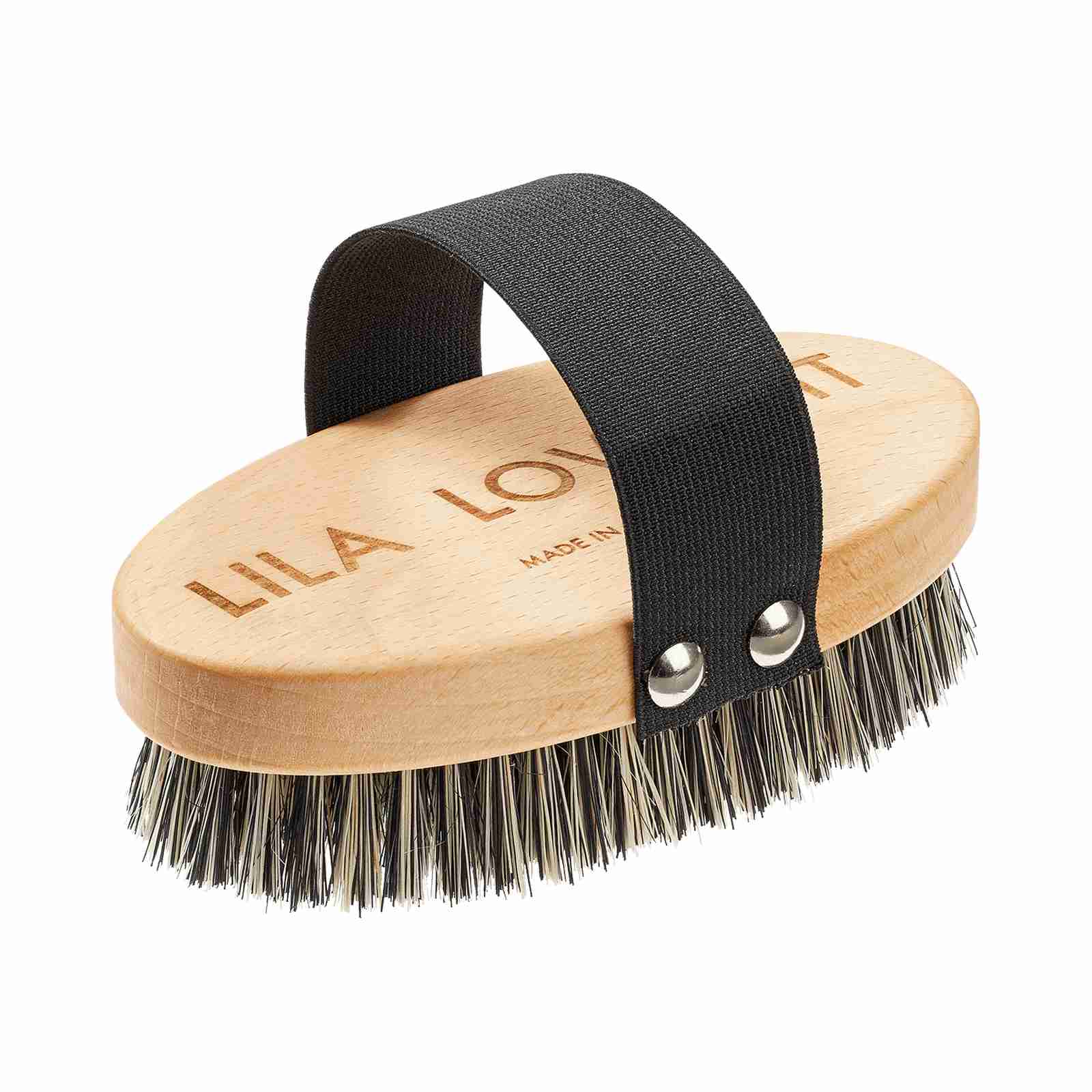 Oval wooden brush with light synthetic bristles and black strap