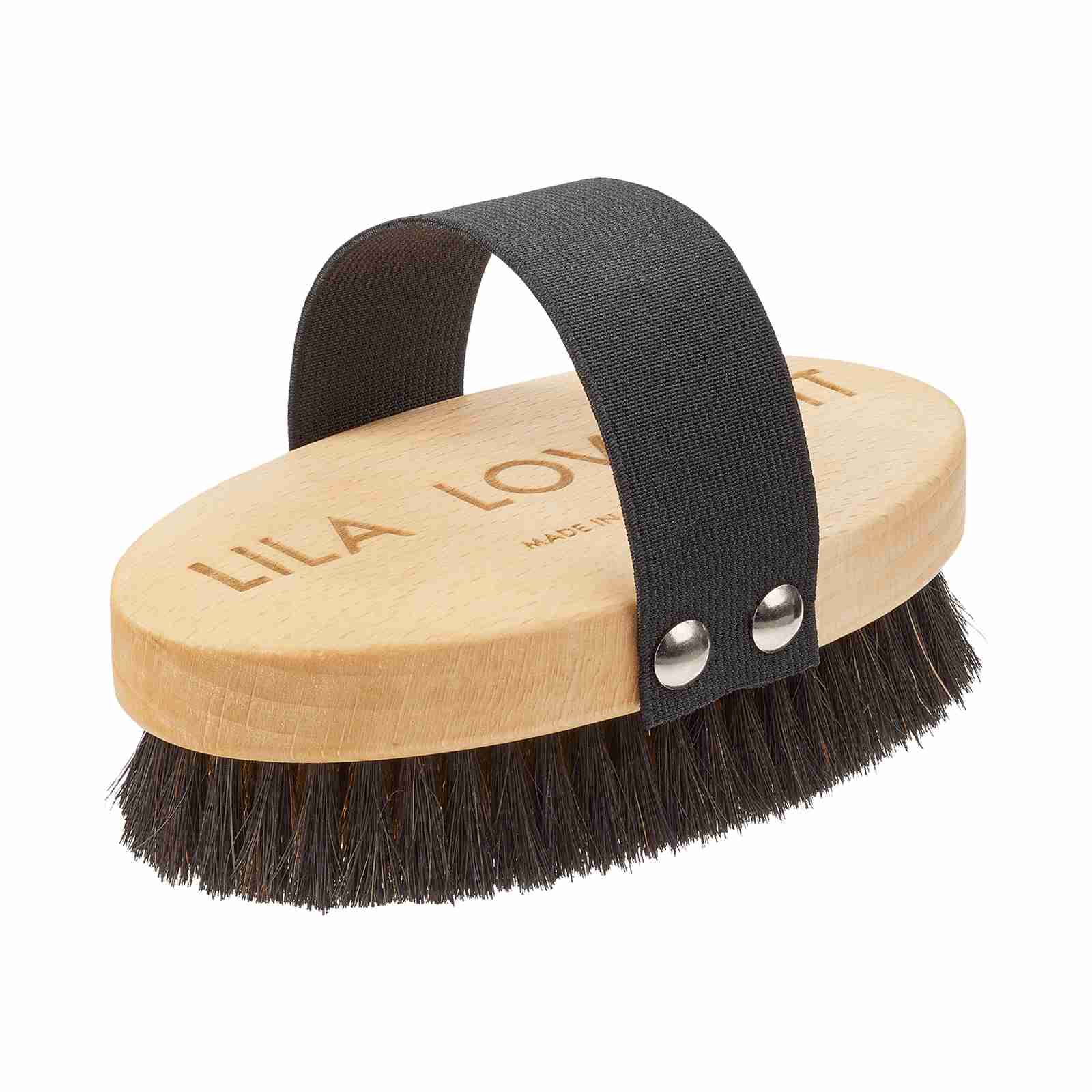 Ovale Holzbürste mit dunklen Naturborsten und schwarzem Griffband